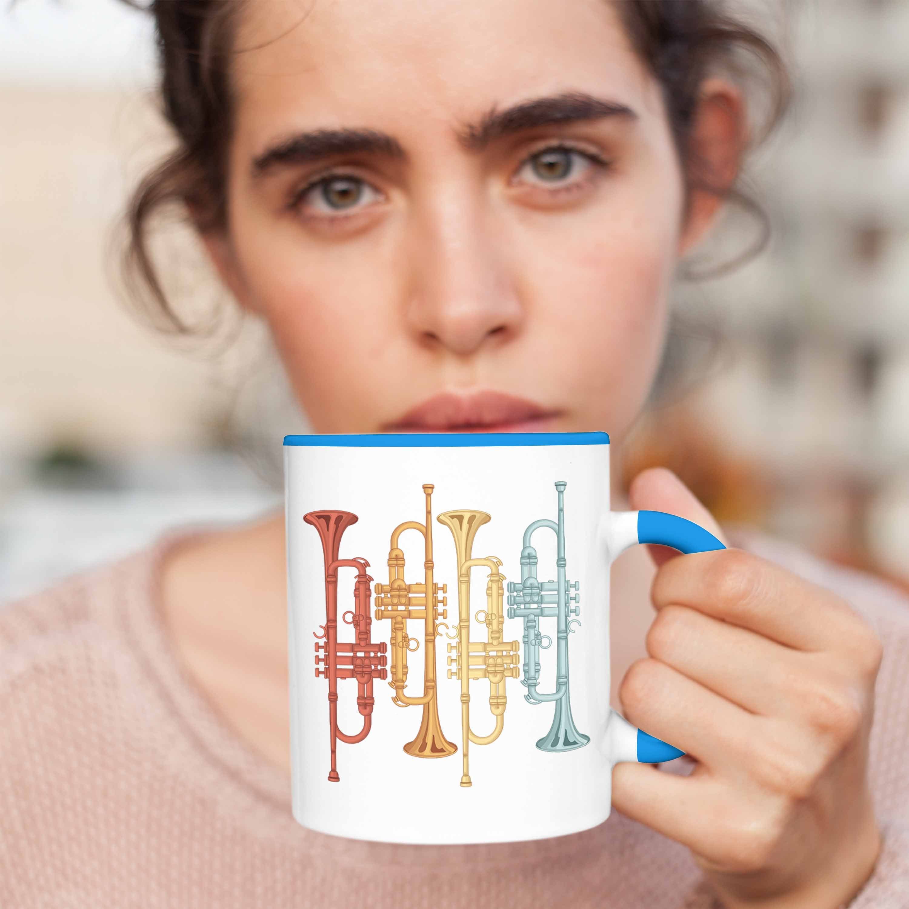 Trendation Tasse Trompete Kaffee-Becher Blau Tasse Graf Retro für Posaunist Geschenk Posaune