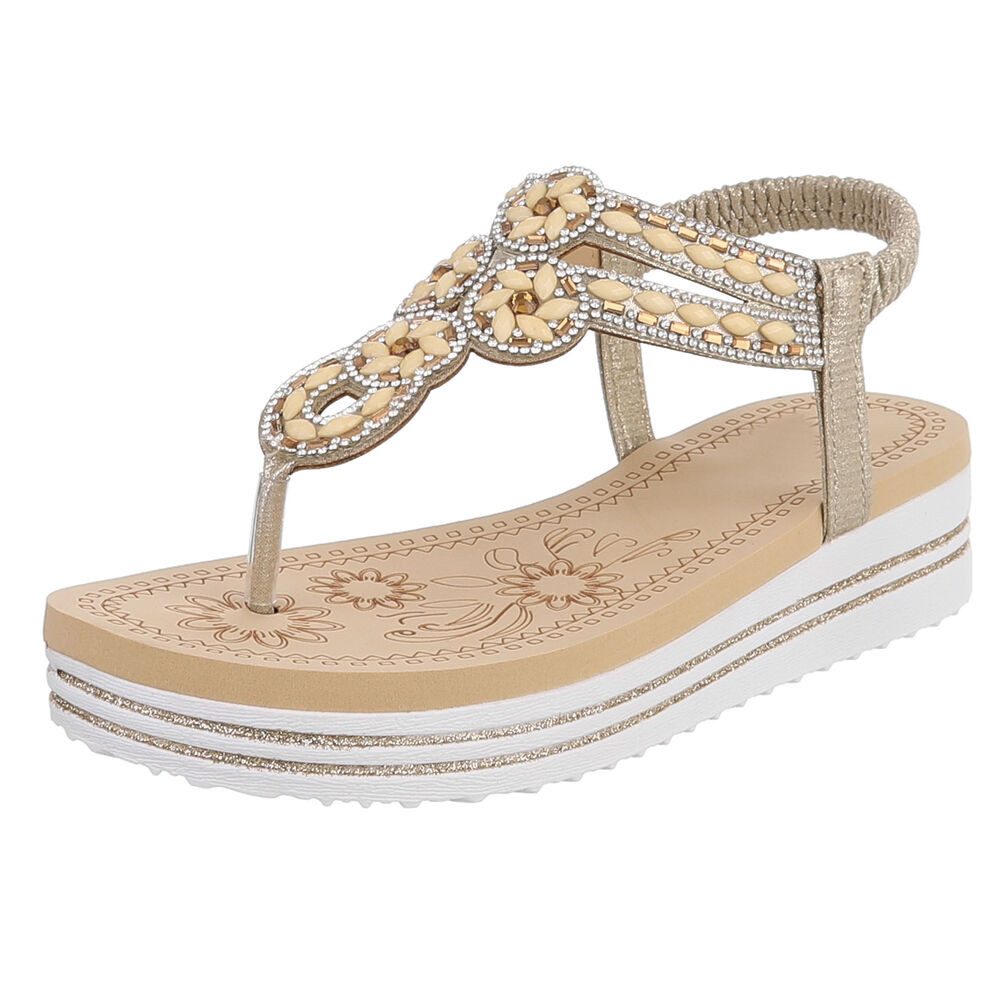 Ital-Design Damen Plateau-Flip-Flop mit Schmucksteinen Zehentrenner (91970830) Keilabsatz/Wedge Keilsandaletten in Gold