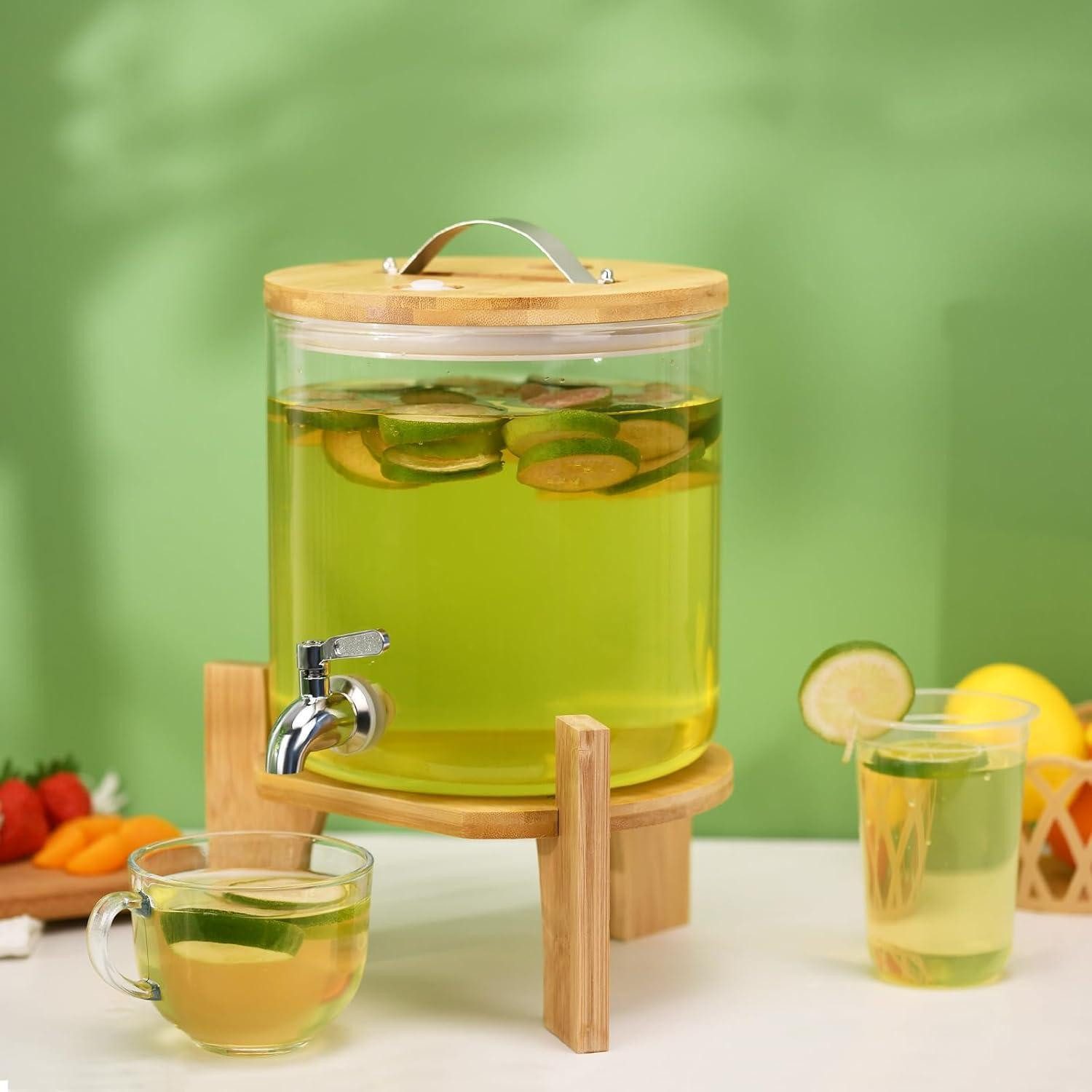 LuxusKollektion Getränkespender Getränkespender 5L Glas Hahn 5L-Glas mit Ständer aus Bambus