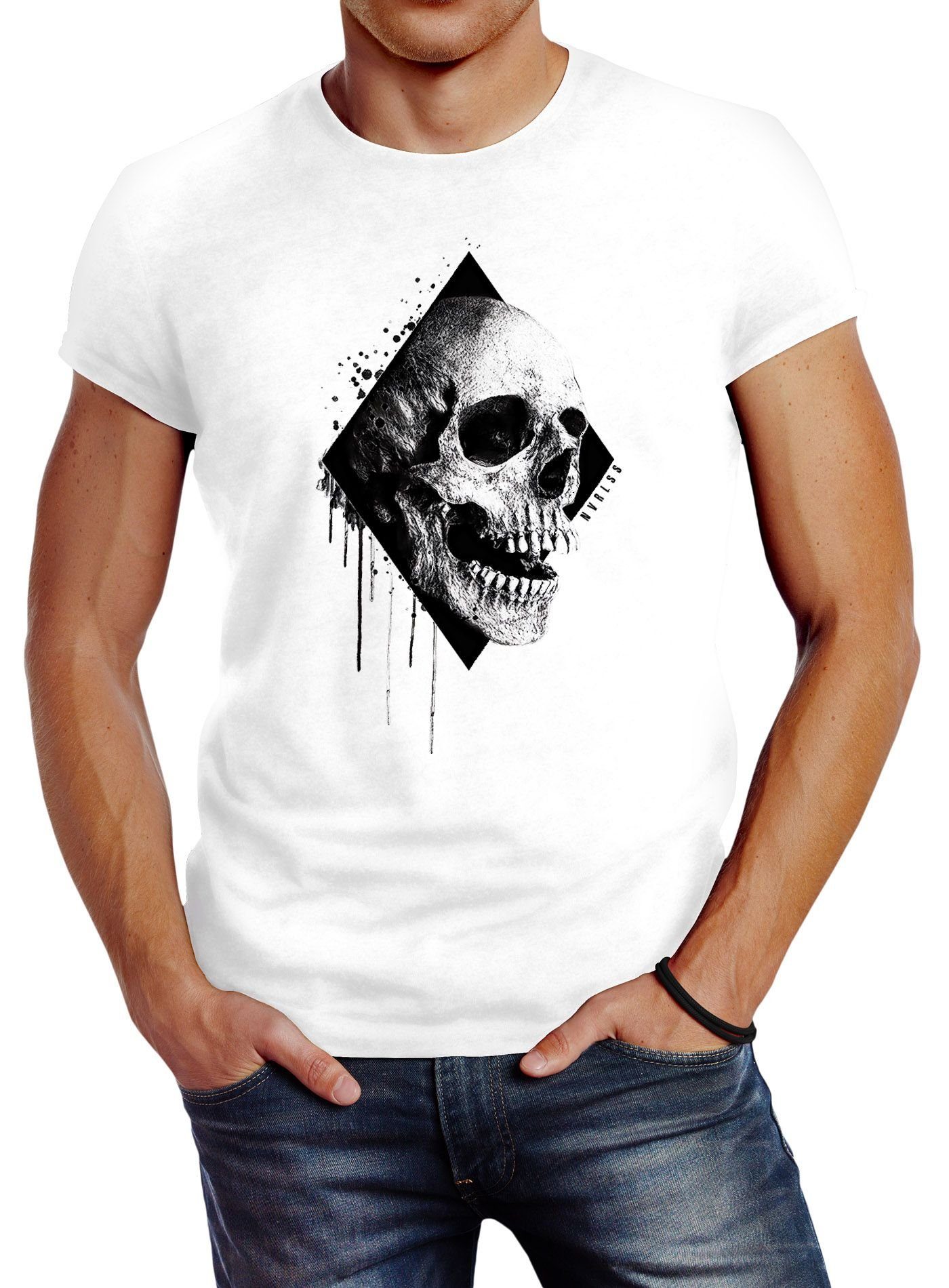 Print-Shirt mit Herren Print Skull Neverless® Slim T-Shirt Schädel Fit Totenkopf Neverless