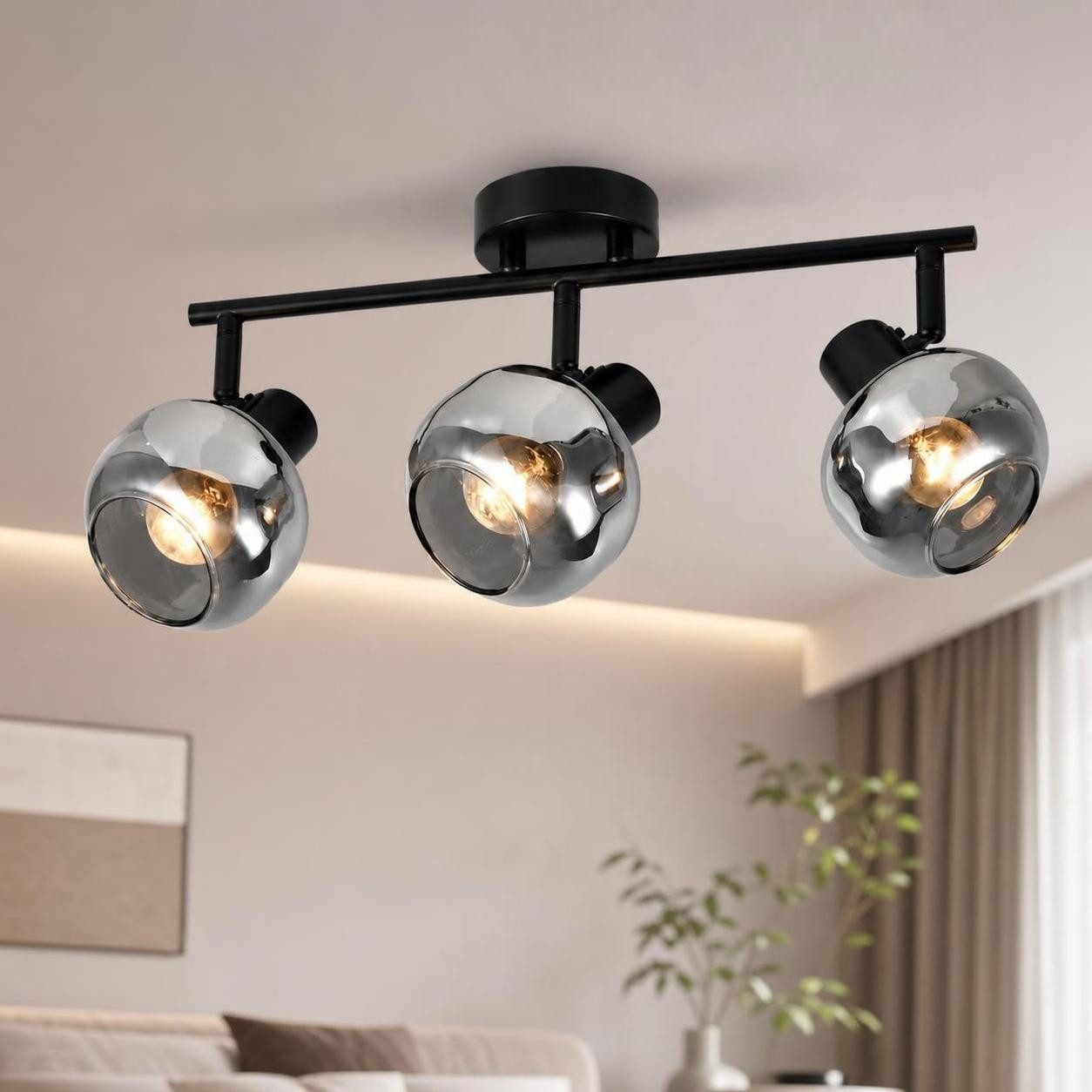 ZMH Deckenleuchte Wohnzimmer 350° Drehbar Rauchgrau Glas Retro Flurlampe für Küche, Vertikale Drehung: 90 Grad, ohne Leuchtmittel