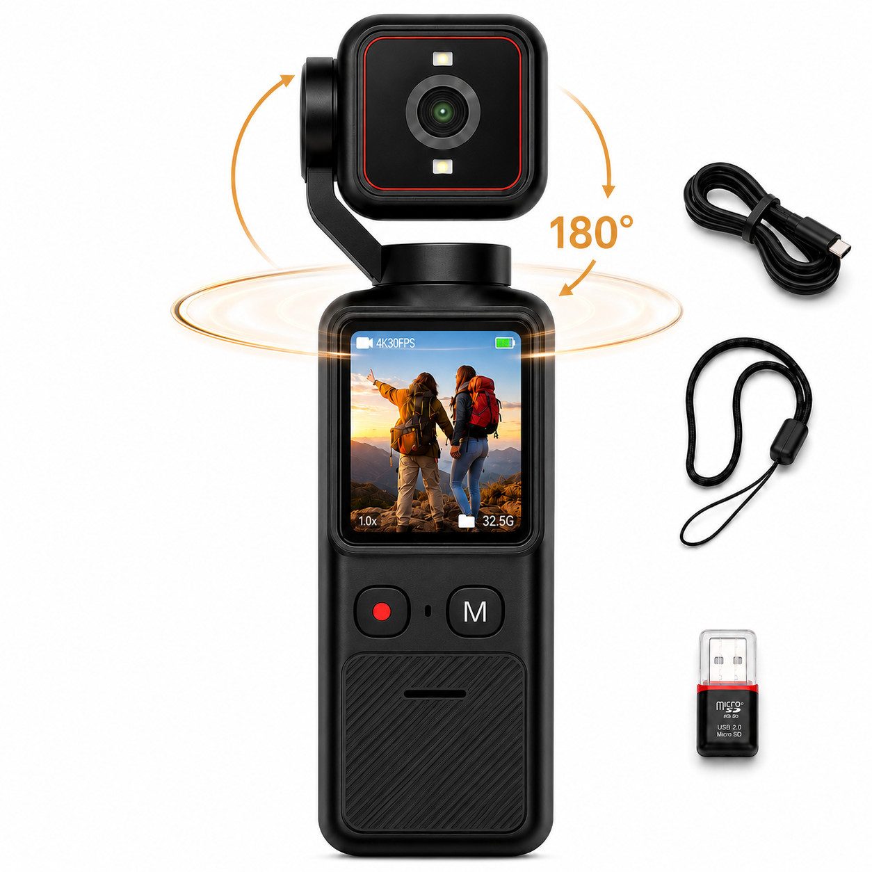 Luckice 4K Action Kamera mit 180° Weitwinkelobjektiv, Touchscreen Panoramakamera (integriertes Gimbal-Objektiv, kein weiteres Objektiv, 12 MP, 1x opt. Zoom, WLAN IEEE 802.11 b/g/n, inkl. Taschenkamera, Ladekabel, Handbuch, Eingebauter Gimbal, WLAN-Verbindung, Touchscreen, 4K-Videoaufnahme)