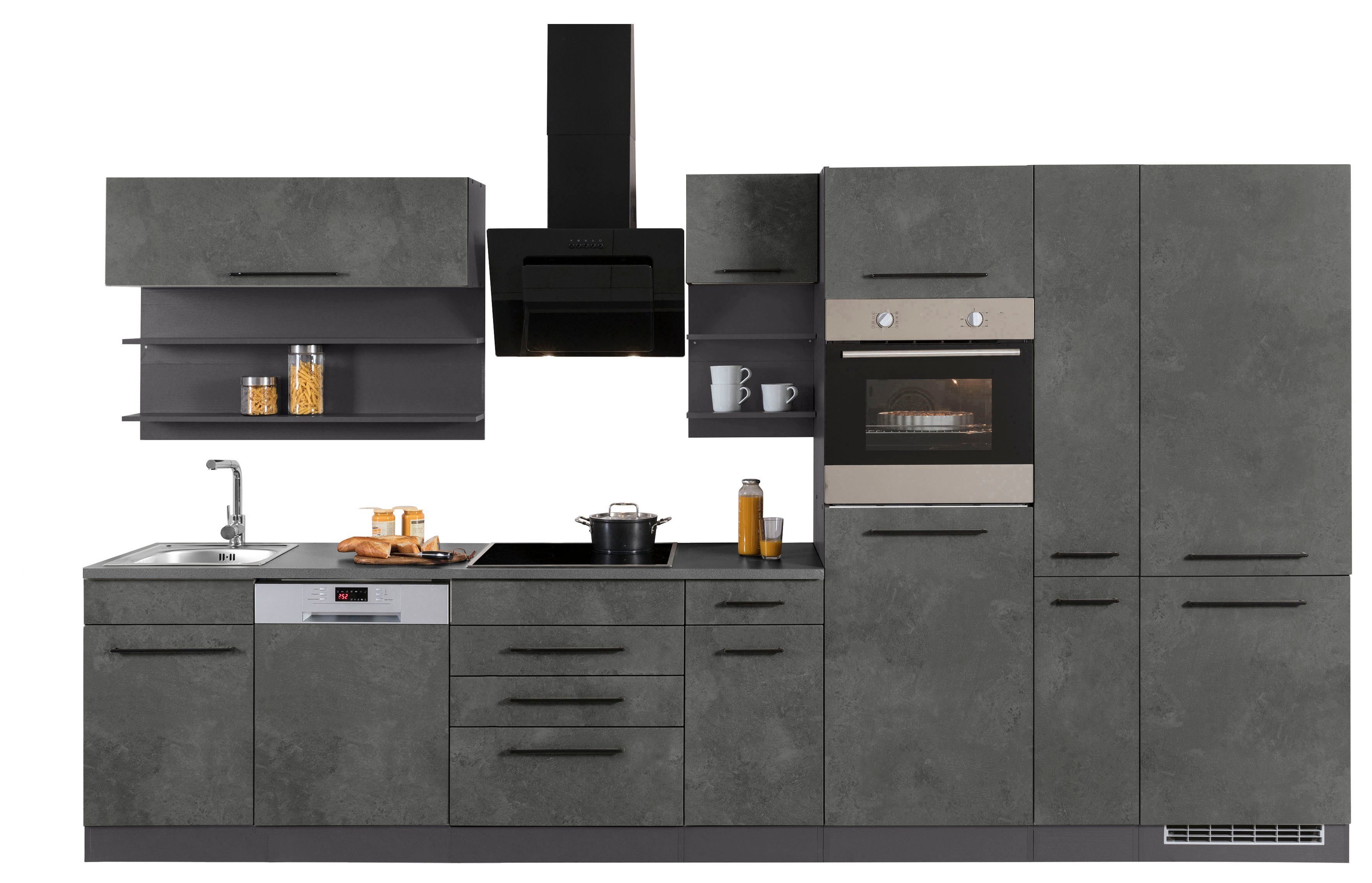 HELD MÖBEL Küchenzeile Tulsa, mit E-Geräten, Breite 360 cm, schwarze Metallgriffe, MDF Fronten grau