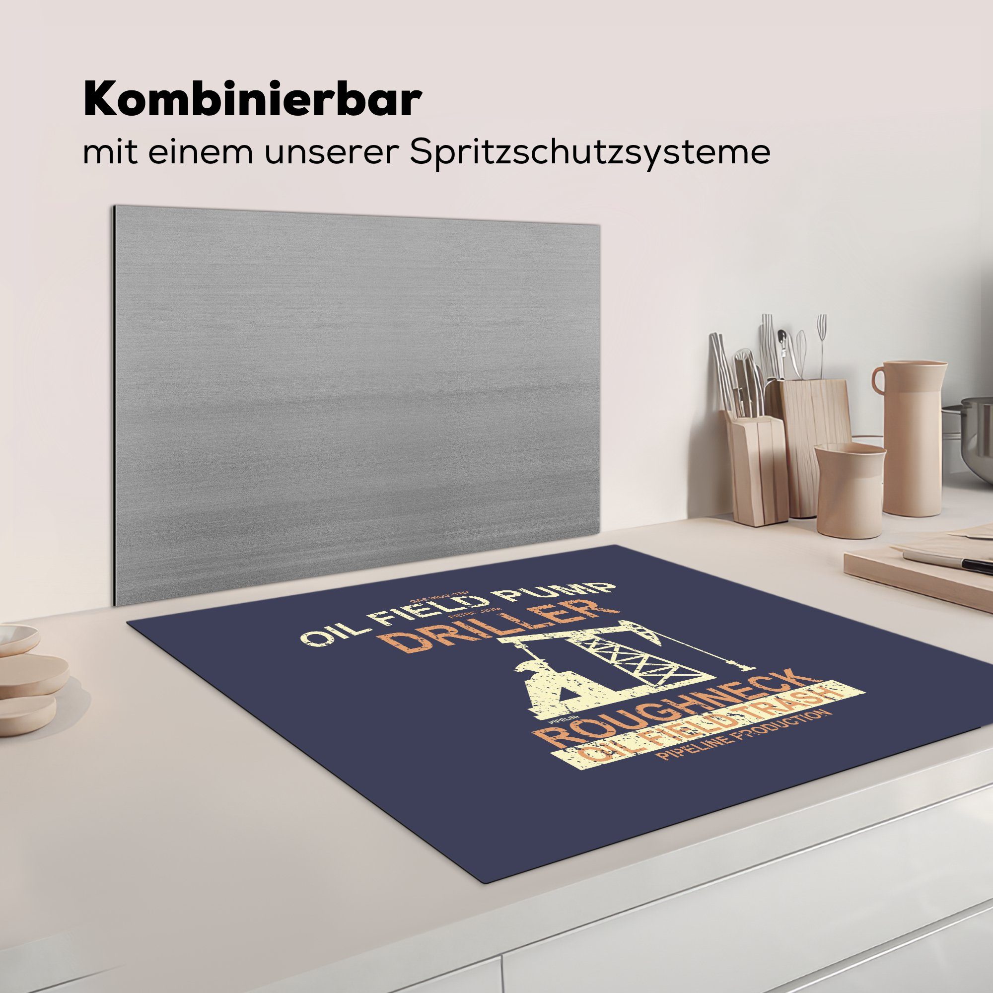 - Vinyl, tlg), (1 Zeichnung, Herdblende-/Abdeckplatte küche Pumpe Ceranfeldabdeckung, - MuchoWow für 78x78 Öl Retro - cm, Arbeitsplatte