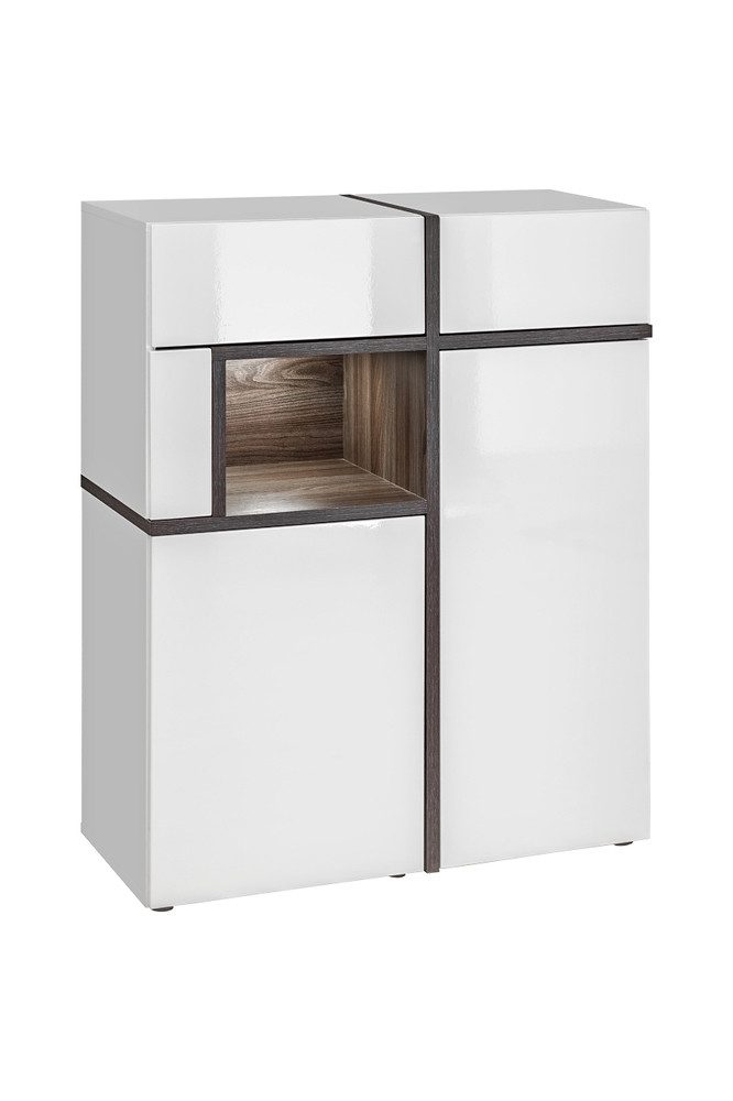 99rooms Stauraumschrank Hamar WSN Weiß Hochglanz, Weiß Matt, Esche (Standschrank, Wohnmöbel) inkl. LED-Beleuchtung, aus Holzwerkstoff, mit Push-to-Open