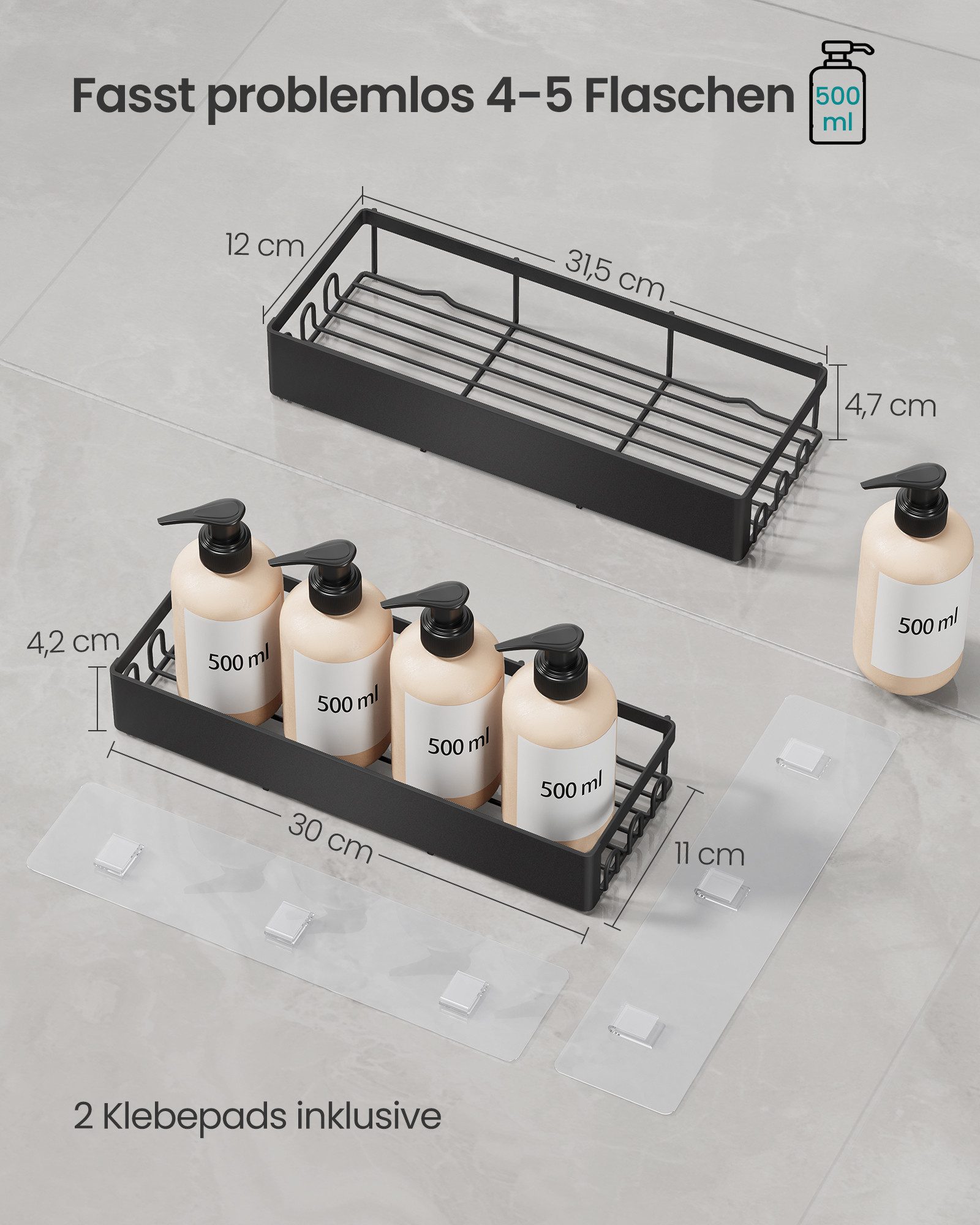 SONGMICS Duschablage Duschregal, ohne Bohren, rostfrei, aus Stahl, Shampoo Halterung, Badezimmer Organizer, 31,5 x 12,5 x 5 cm, 2er Set