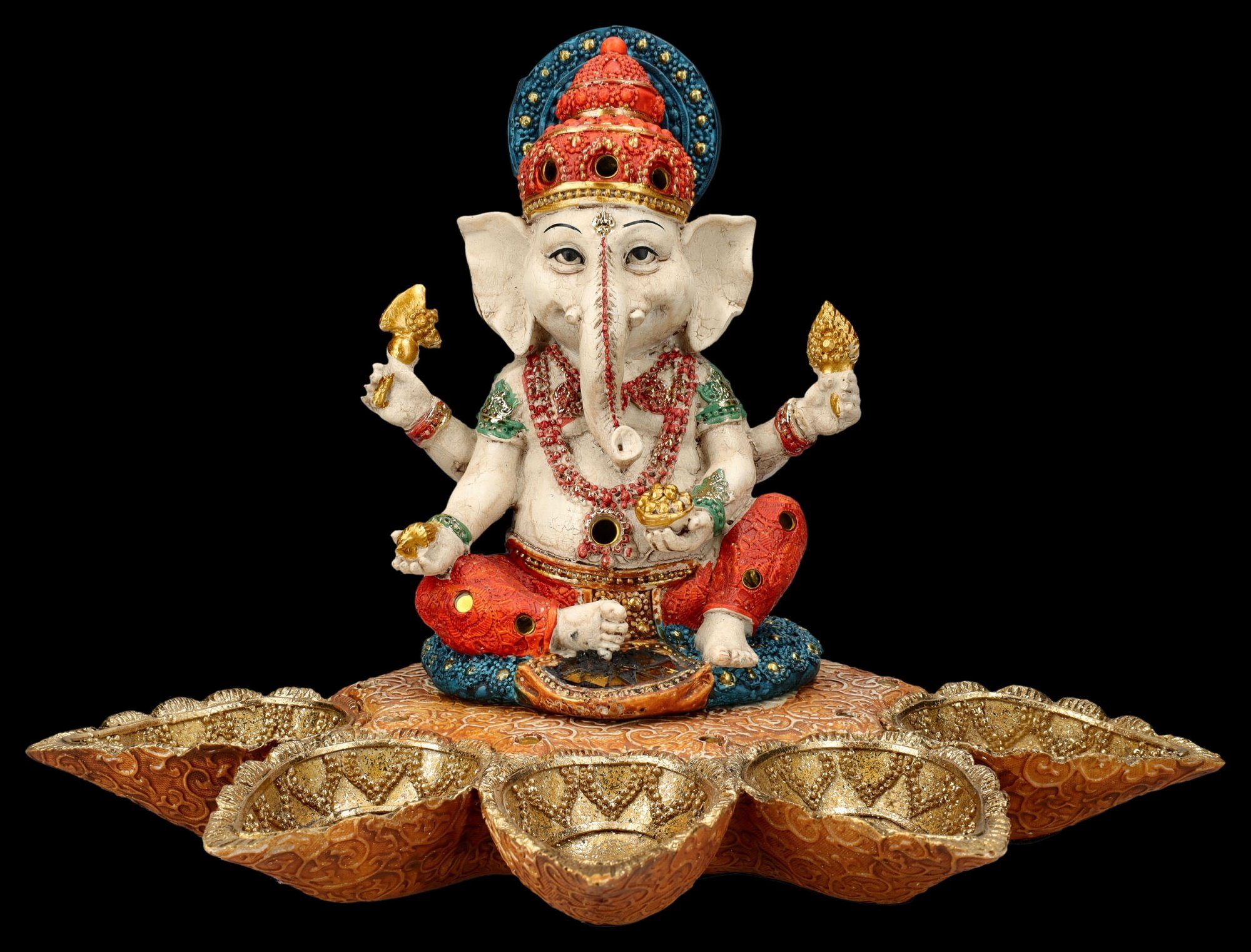 Figuren Shop GmbH Dekofigur Ganesha Figur handbemalt mit Bodhi-Blättern - Götterdeko Dekofigur