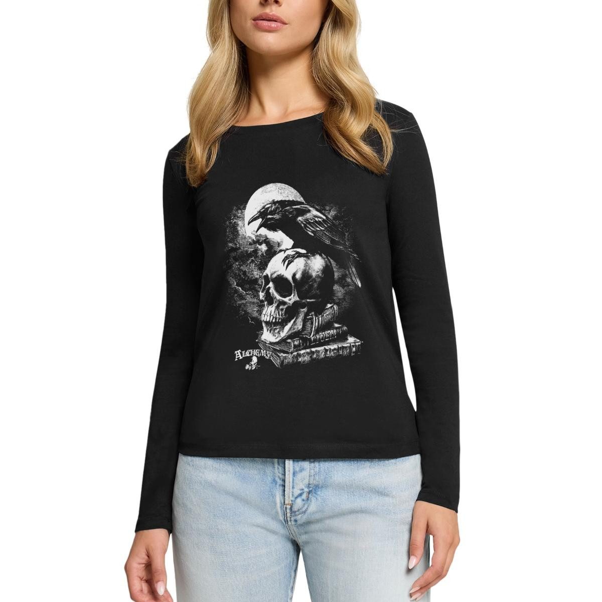 T-Shirt Alchemy England Poe's Raven Rabe Totenkopf Premium Langarmshirt Damen