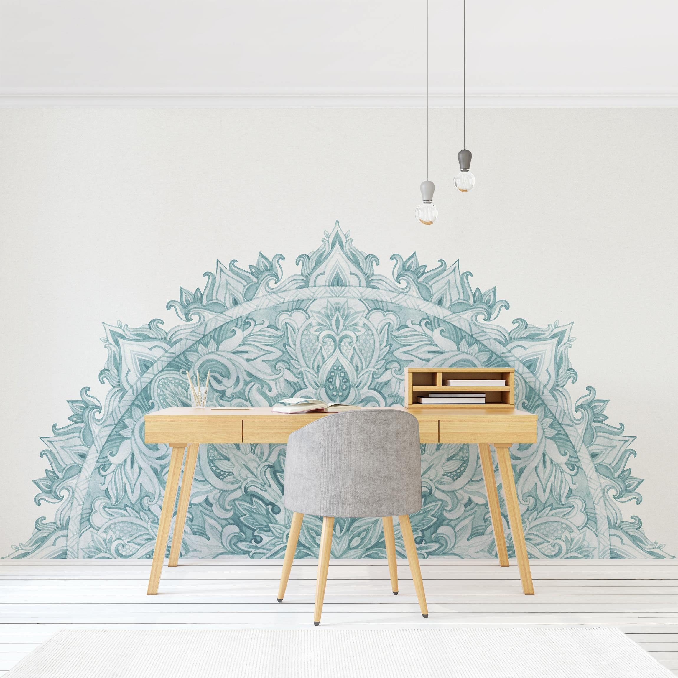 Bilderdepot24 Mustertapete Spirituell Mandala Aquarell Ornament halbkreis türkis Muster Wanddeko, Glatt, Matt, (Vliestapete inkl. Kleister oder selbstklebend), Wohnzimmer Schlafzimmer Küche Flur gemusterte Vliestapete Wandtapete