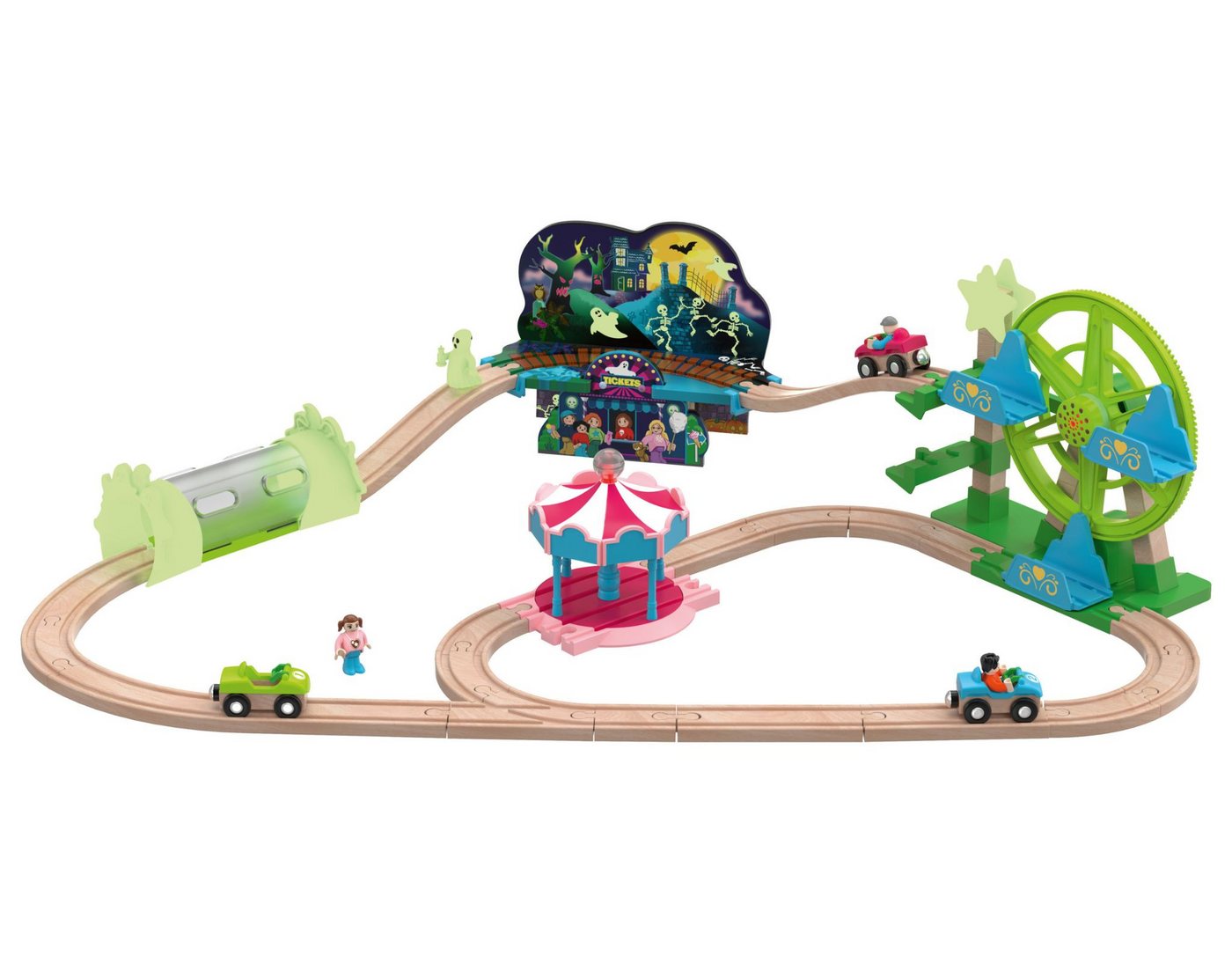 lupilu Spielzeug-Eisenbahn LUPILU® Holzschienenbahn Freizeitpark Geisterbahn Licht Riesenrad, Zertifizierung: CE-Kennzeichnung