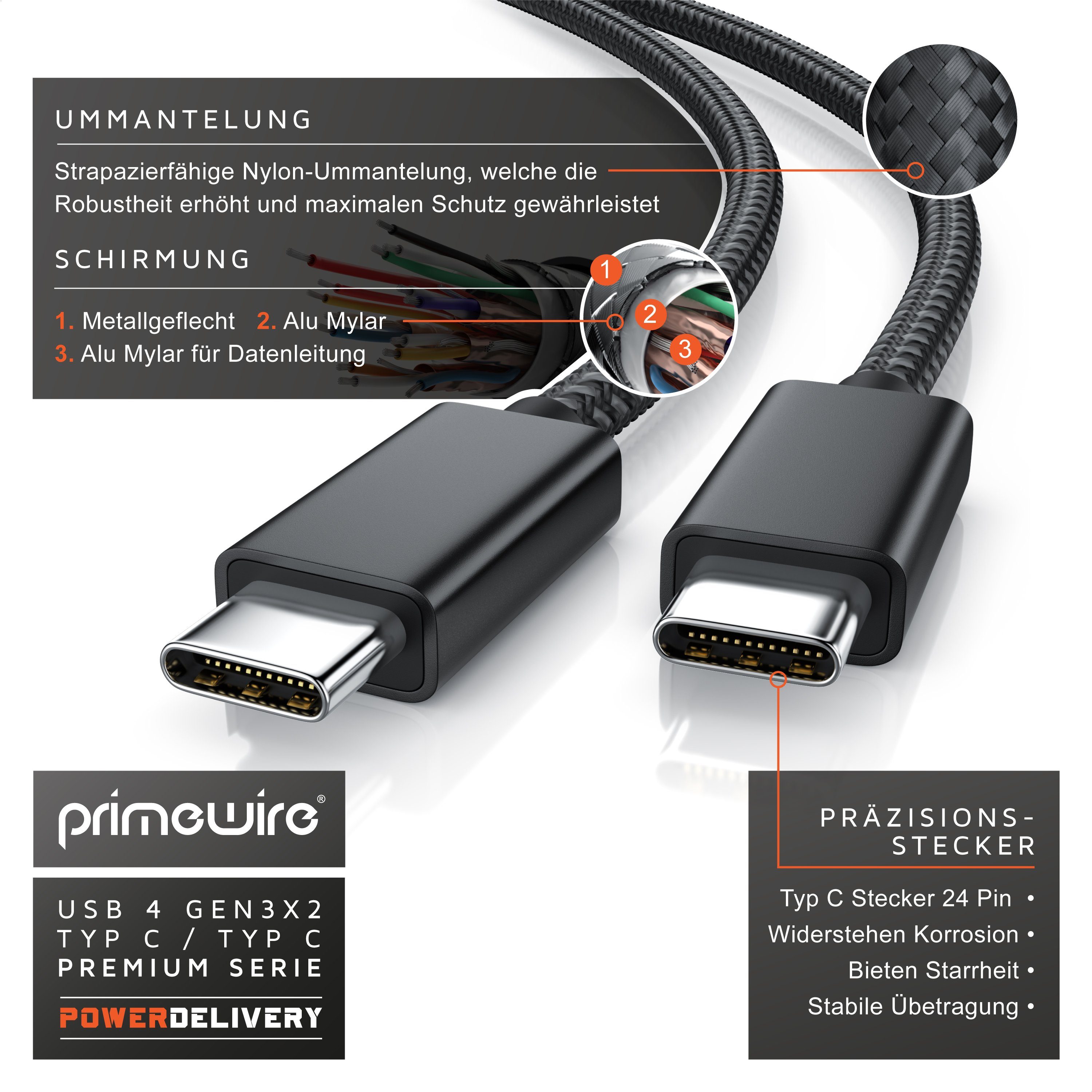 Primewire Thunderbolt 3 Kabel, USB 4 Typ C, USB-Kabel, USB-C, 4.0 (80 cm), Gen 3x2-100 Watt PowerDelivery Ladekabel / Datenkabel 40 Gbit/s, 0,8 m
