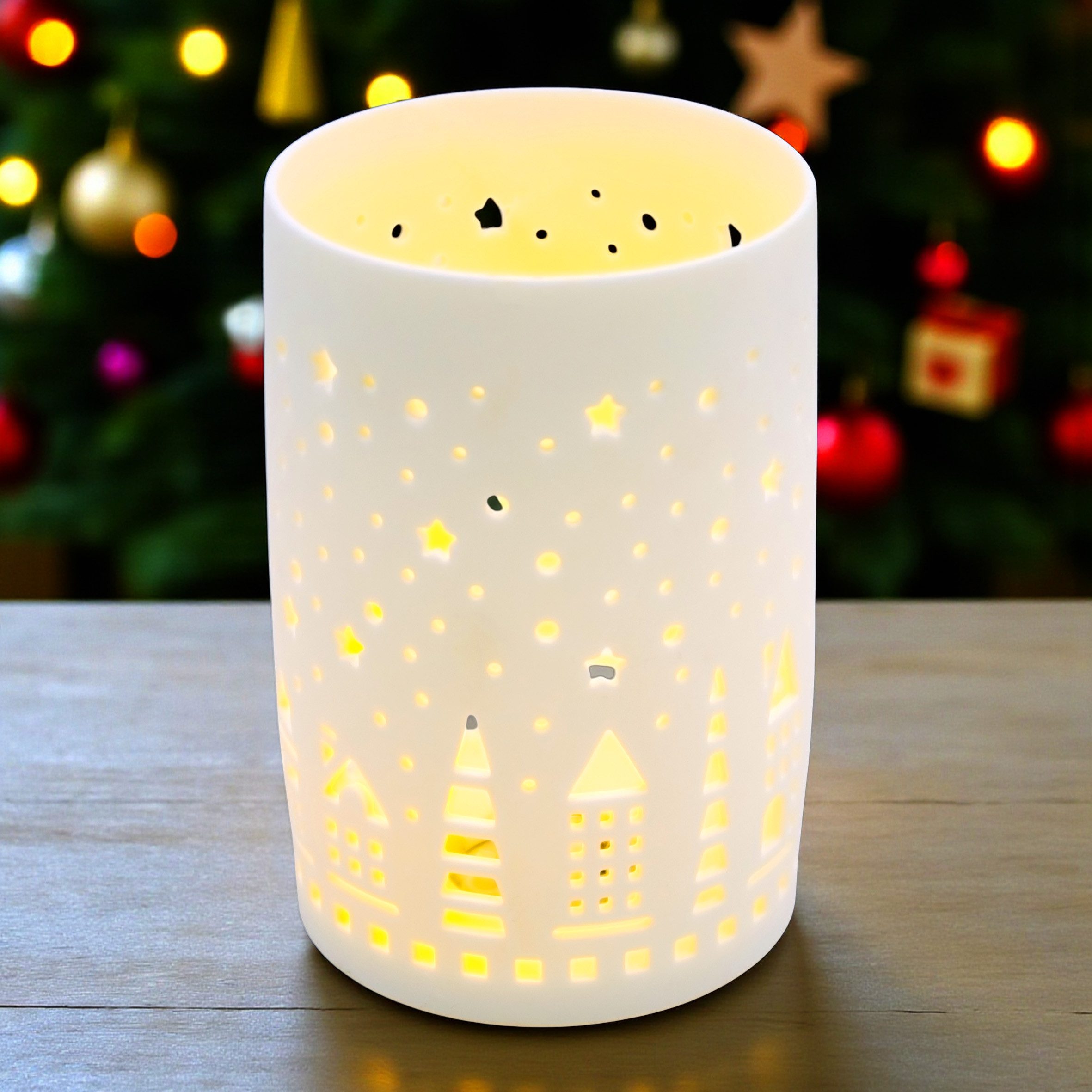 Spetebo LED-Dekofigur Porzellan LED Windlicht Skyline matt weiß - 13 cm (Anzahl, 1 St., Set), inklusive Batterie