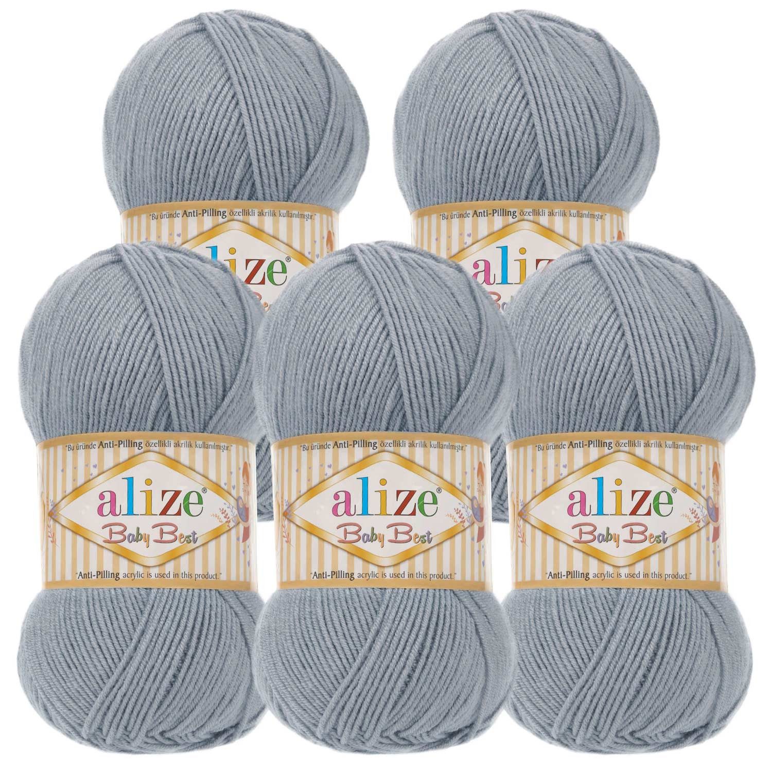 Alize 5 x 100g Strickgarn ALIZE Baby Best uni Babywolle Wolle Antipilling Häkelwolle, 240 m (Sparpaket), 119 silbergrau