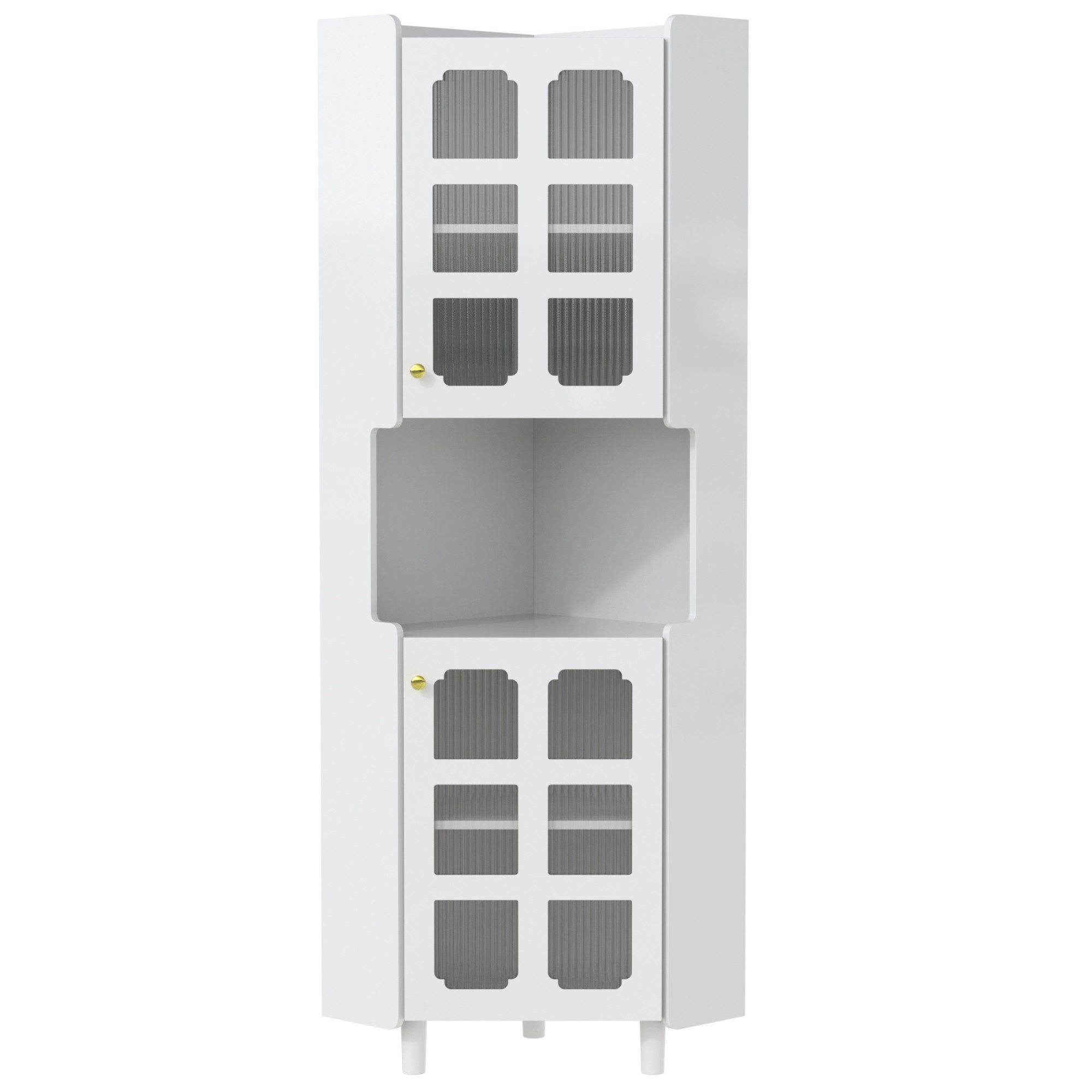 Flieks Badkommode Eckschrank mit LED-Beleuchtung und Glastüren (1 St., 63,5x45x157,5 cm), Hochschrank Mehrzweckschrank Eckkommode mit 5 Fächern Weiß – Bild 5 von 5