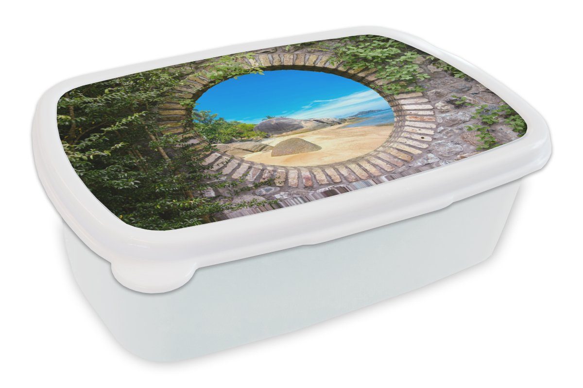 MuchoWow Lunchbox Sommer - Strand - Aussicht - Tropisch, Kunststoff, (2-tlg), Brotbox für Kinder und Erwachsene, Brotdose, für Jungs und Mädchen weiß