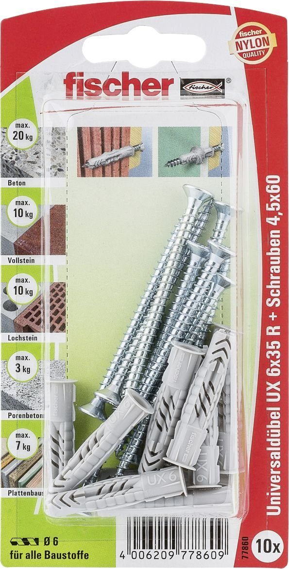 Fischer 6.0 10 Befestigungstechnik Universaldübel-Set mm Schrauben- UX Fischer - und 35 fischer Dübel-Set x