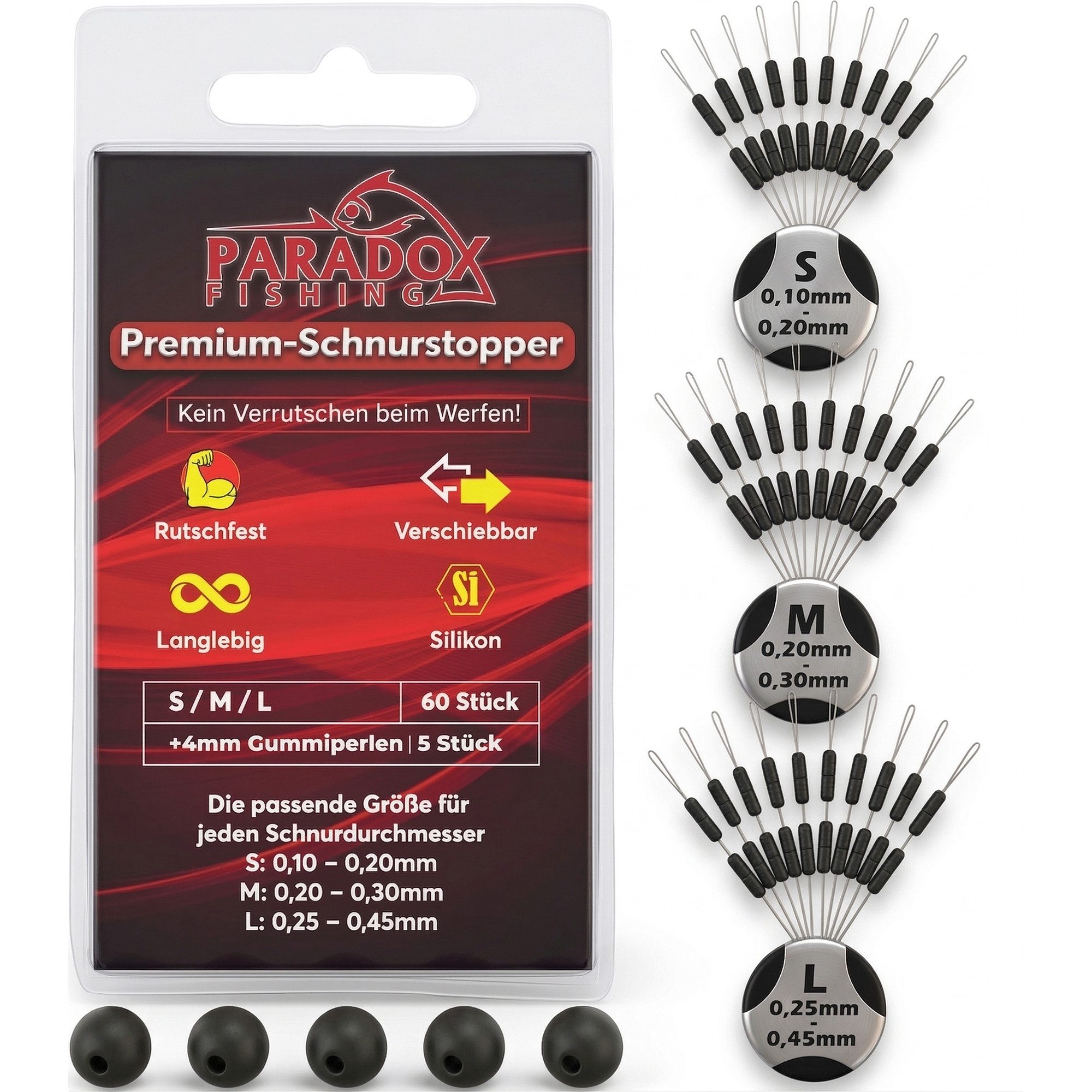 Paradox Fishing Schnurstopper Silkon Schnurstopper Set 3 Größen 60 Stück für Schnur 0,10mm-0,45mm, inkl. Gummiperlen, kein Verrutschen beim Werfen