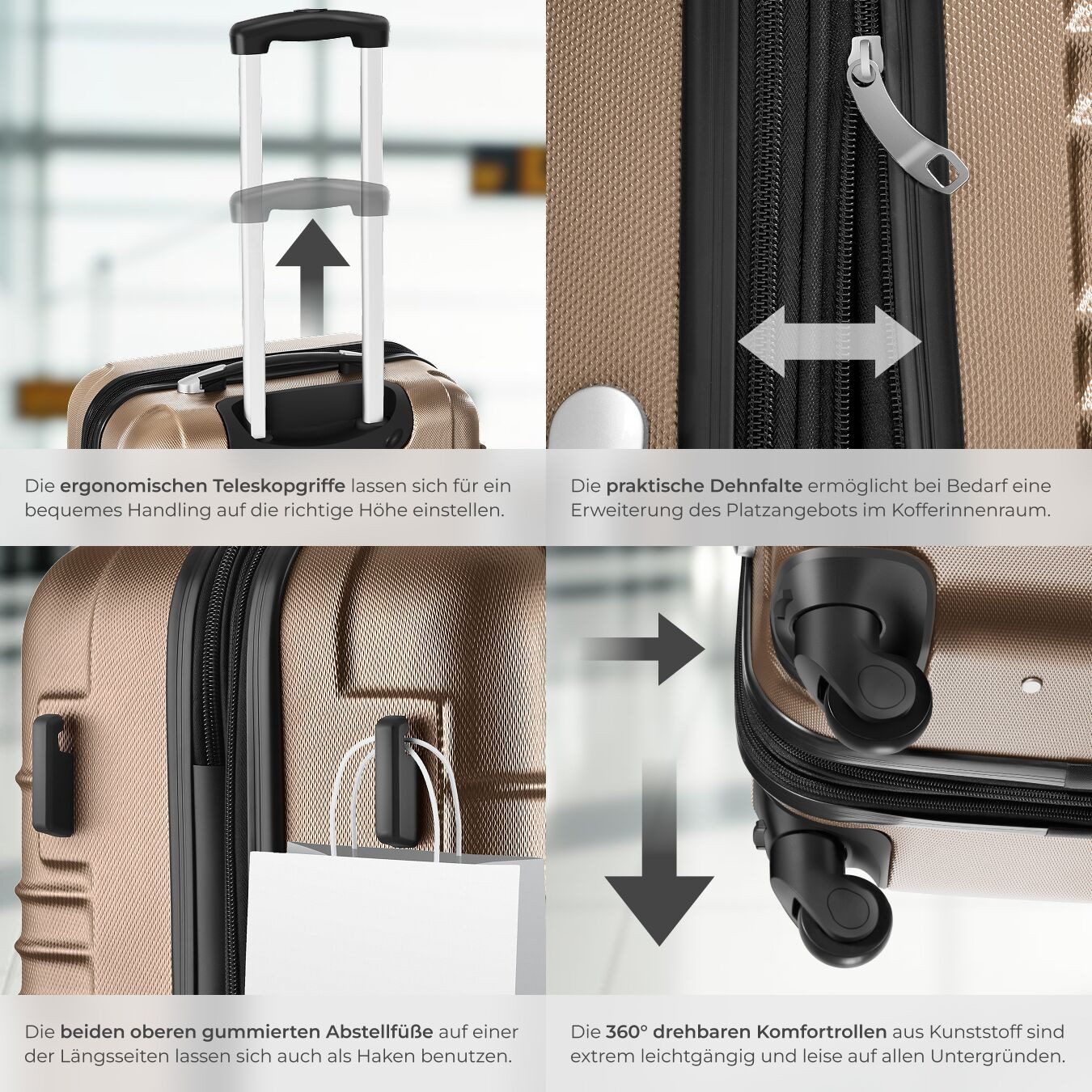 tectake Trolley Hartschalenkoffer-Set, 4 Rollen, 4-teilig, aus robustem ABS-Kunststoff