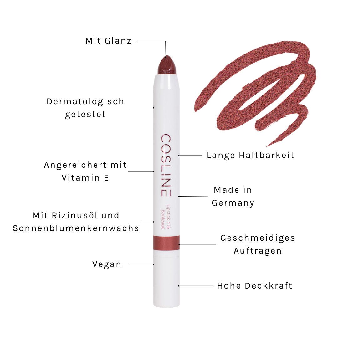 Cosline Cosmetics Lippenstift langanhaltend, pflegend, cremige Textur, mit natürlichen Inhaltsstoffen, Made in Germany