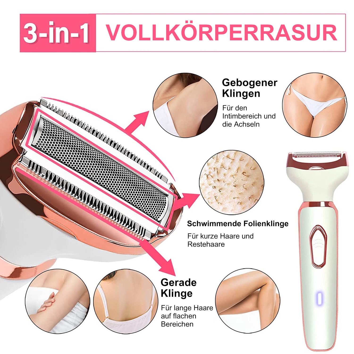inschimmer Haarentferner-Set 4-In-1 Elektrischer Damenrasierer für Gesicht Bikinizone USB-Aufladung