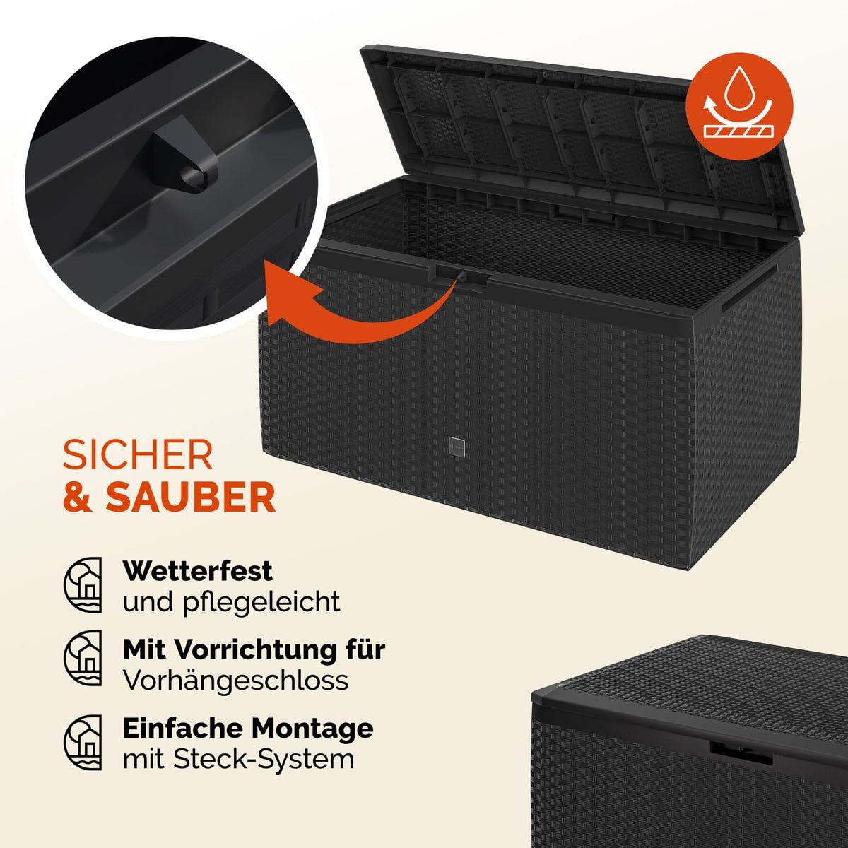 Casaria Auflagenbox Rato Plus, abschließbar Anthrazit 290L Rollen Balkon 114x47cm Korbgeflecht