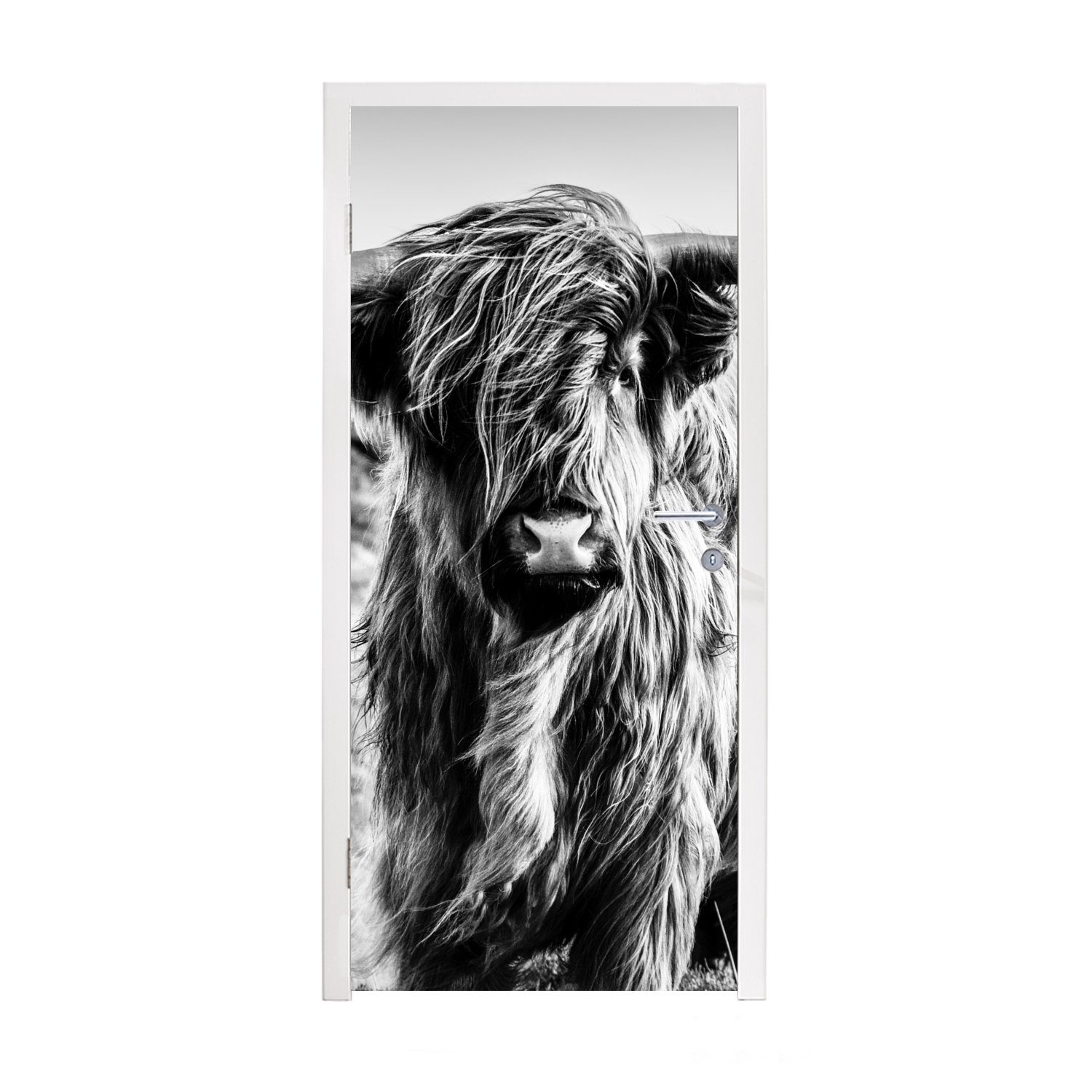 MuchoWow Türtapete Schottischer Highlander - Natur - Kuh - Schwarz - Weiß, Matt, bedruckt, (1 St), Fototapete für Tür, Türaufkleber, 75x205 cm | Türtapeten