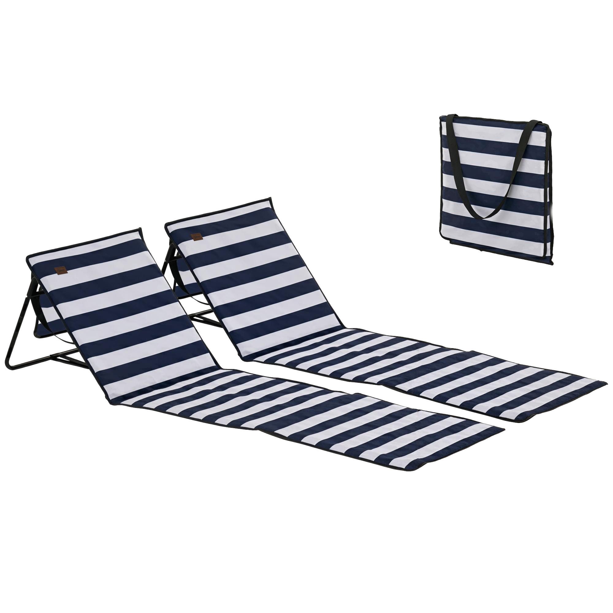 Outsunny Gartenliege Verstellbare Sonnenliege, Faltbare Strandliege, 2 St., Strandmatte, Stahl, Oxford, 142 x 51 x 40 cm, Blau,Weiß