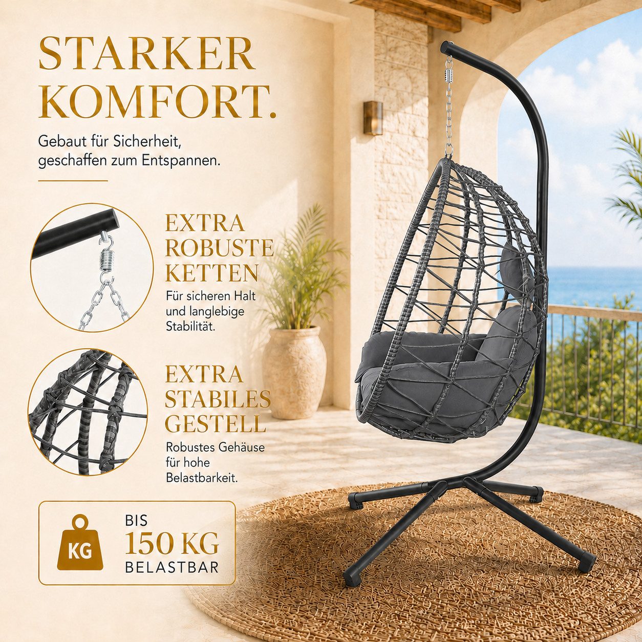 Makika Loungesessel Hängesessel mit Gestell Polyrattan Höhenverstellbar - 150 kg - Grau – Bild 4 von 5