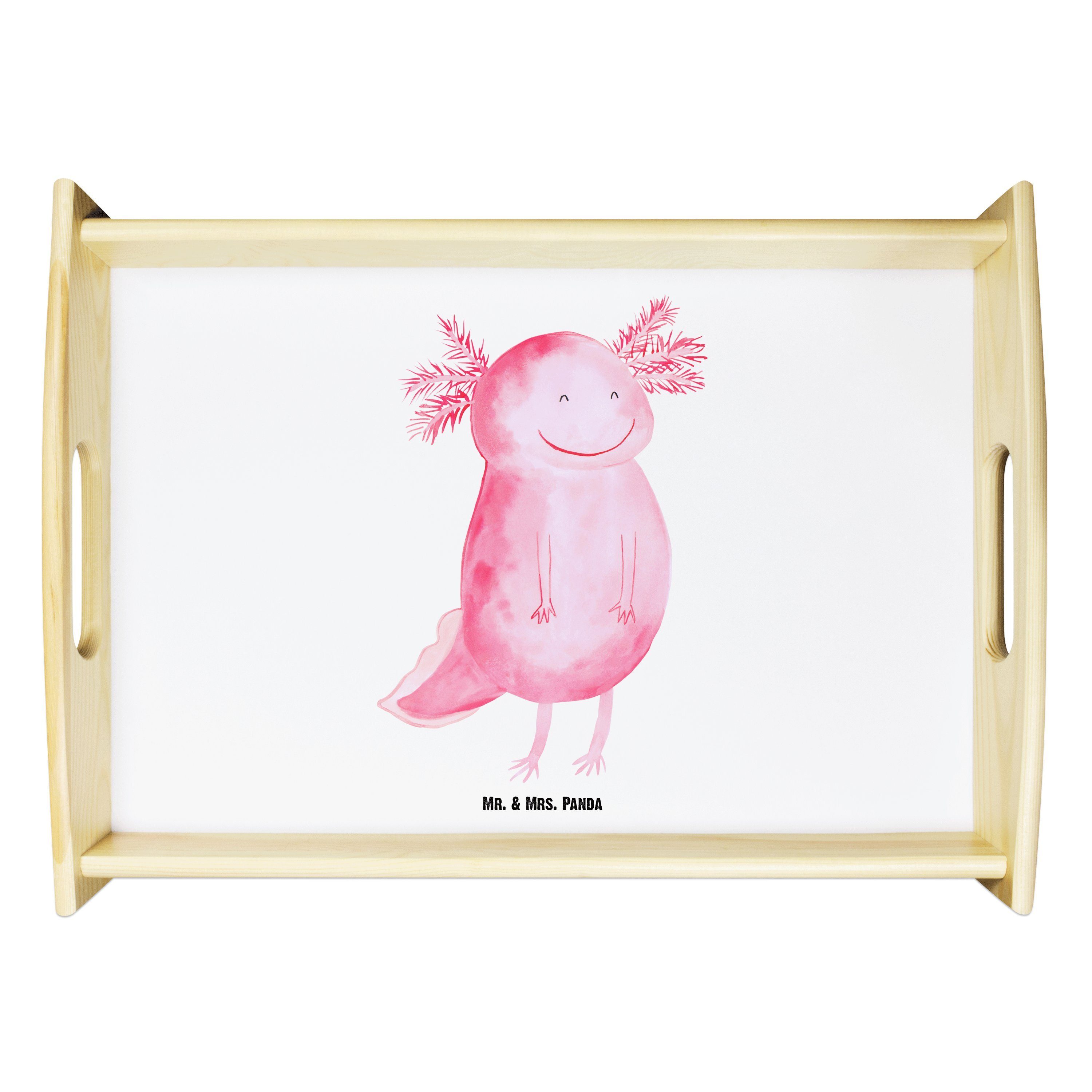 Mr. & Mrs. Panda Tablett Axolotl glücklich - Weiß - Geschenk, Schwanzlurch, Holztablett, gute, Echtholz lasiert, (1-tlg)
