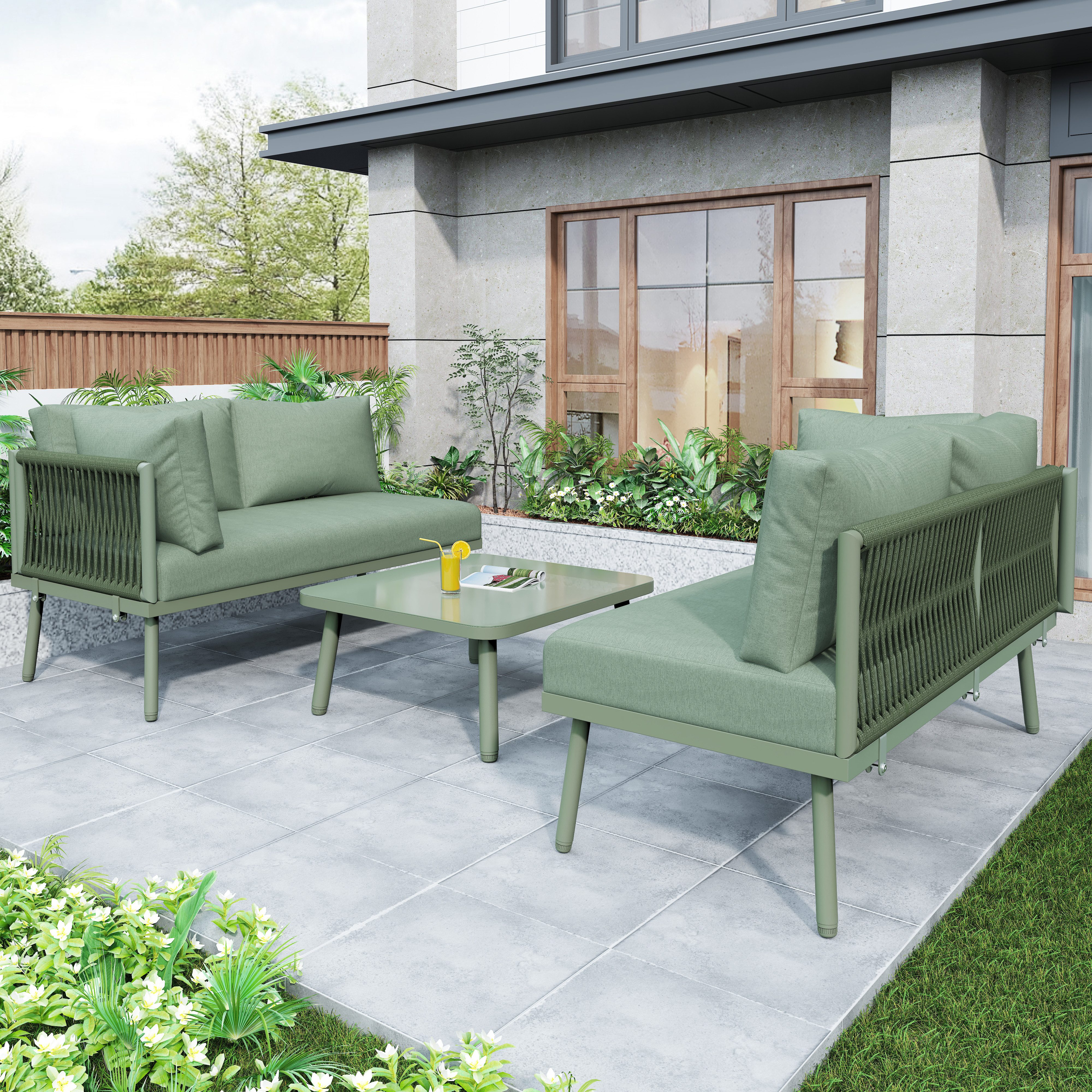 Flieks Gartenlounge-Set, (3-tlg), 4-Sitzer L-förmiges Gartenmöbel Sofagarnitur Eisen, 2 Sofas + 1 Tisch