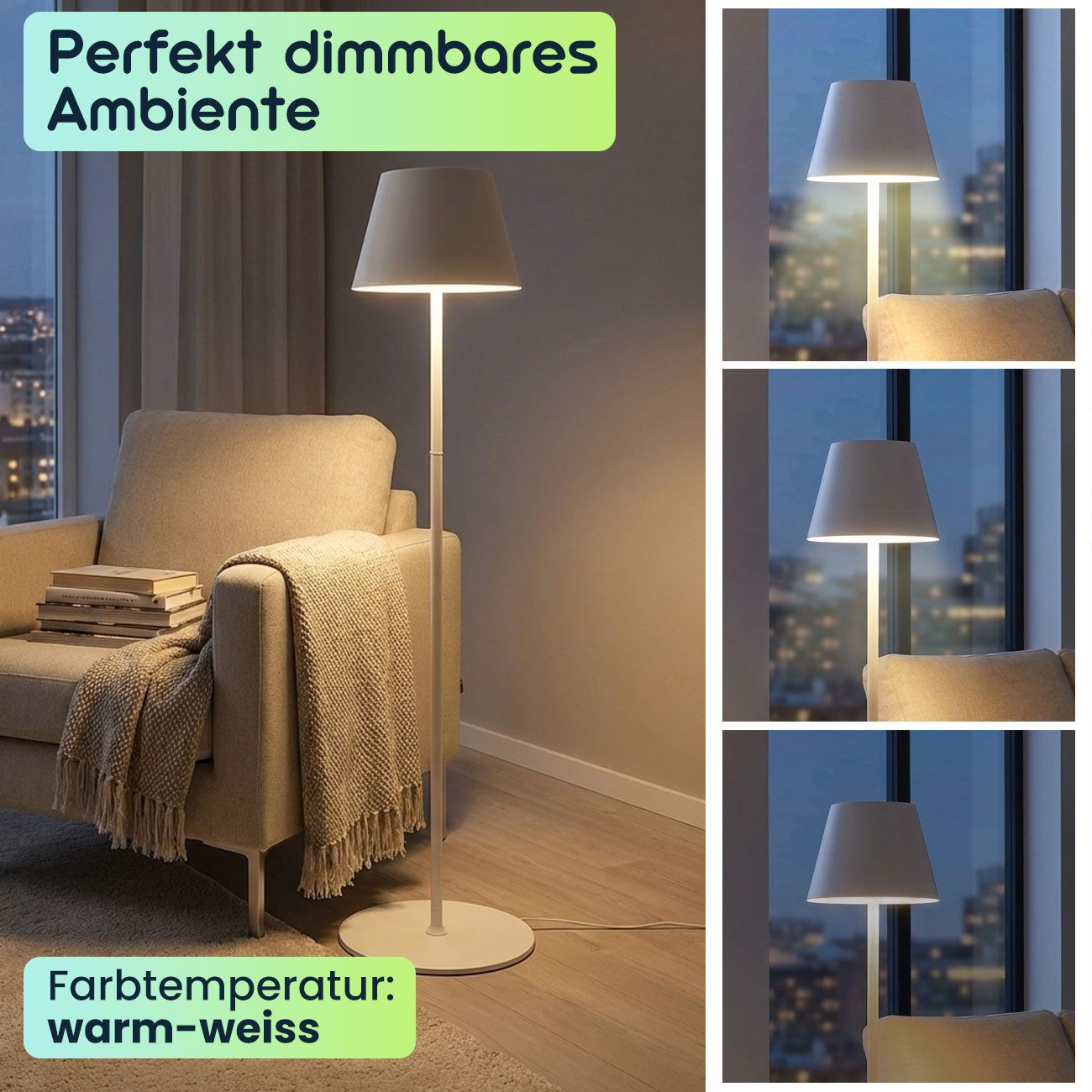 shop'n smile ideoon LED Stehlampe 4W Dimmbare Stehlampe Höhenverstellbar 50/90/130cm Akkubetrieb IP54, LED, (2700K) warmweiß, ca. 10 Std. Akkulaufzeit, 2700K LED-Licht, Lampenkopf Ø14 cm x H10 cm