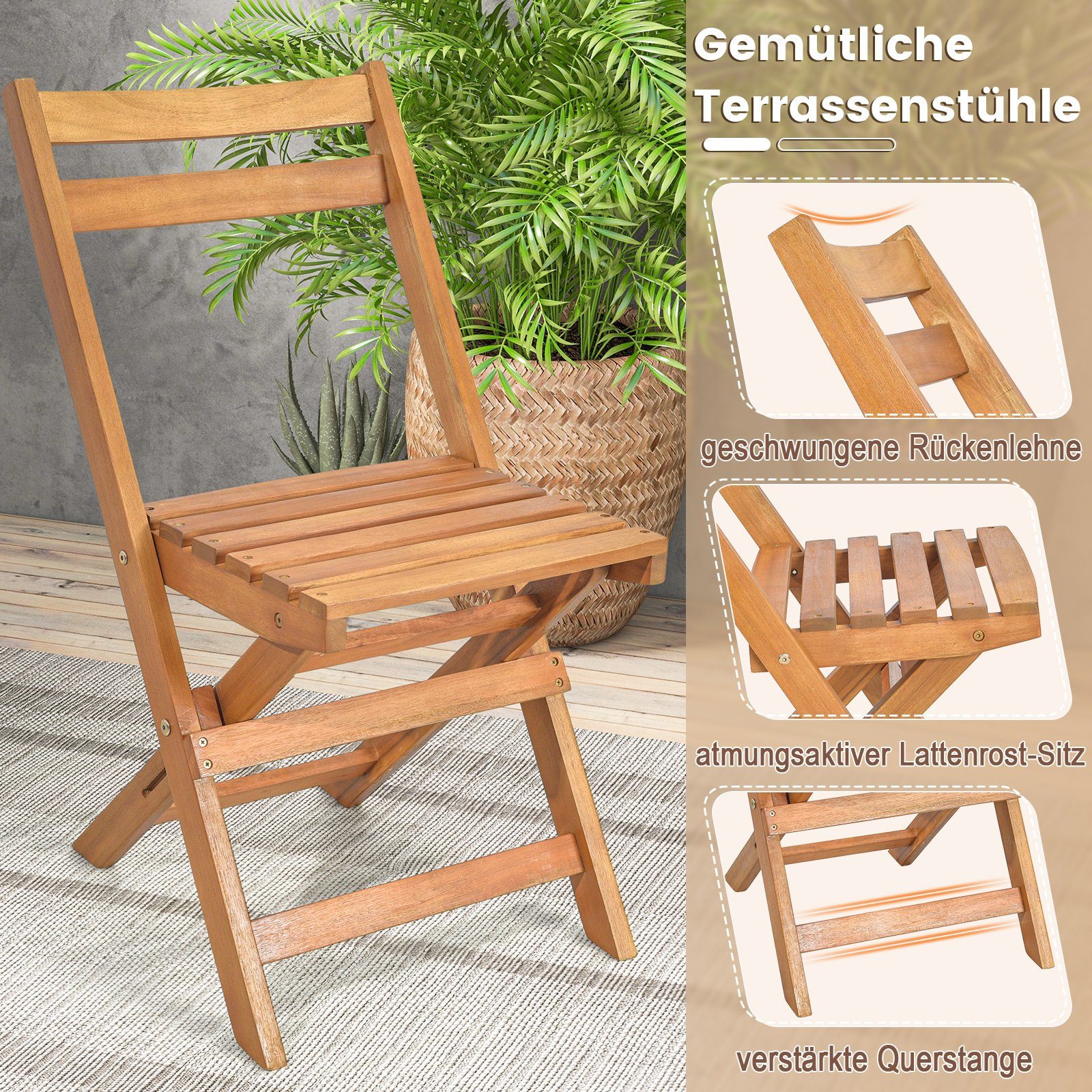 COSTWAY Balkonset, (3-tlg), 2 Personen, mit klapptisch & Stühlen, Massivholz