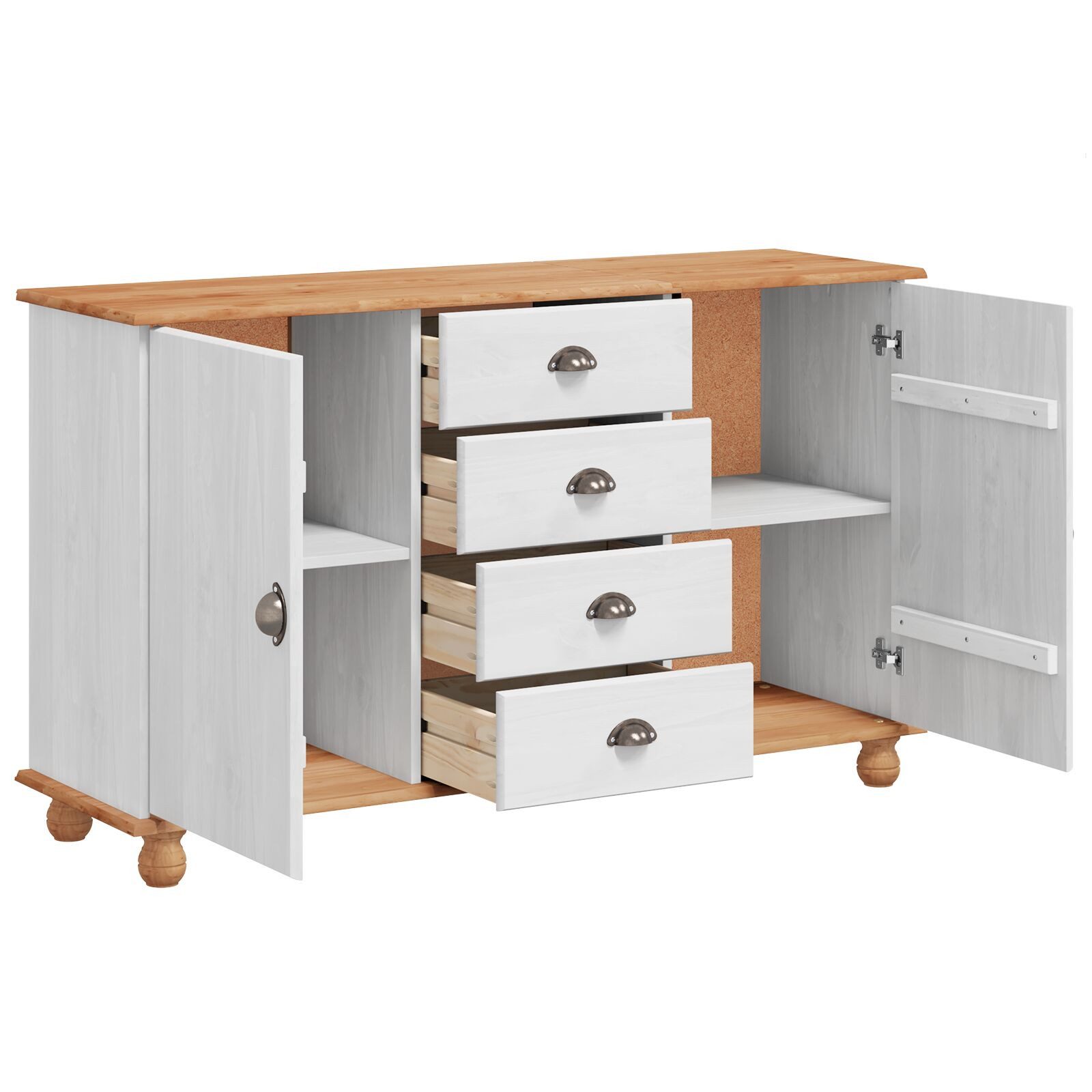 Nettlife Sideboard Weiß/Braun 133,5x40x79 cm Massivholz Kiefer, Geeignet für Esszimmer, Wohnzimmer, Schlafzimmer, Küche