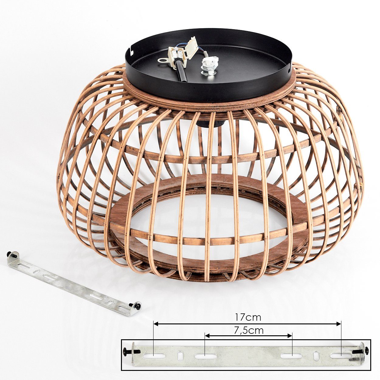 hofstein Deckenleuchte »Pontecagnano« Deckenlampe aus Metall/Holz/Rattan in Schwarz/Natur, ohne Leuchtmittel, Boho Leuchte mit Schirme in Gitter-Optik und Lichteffekt, 1xE27