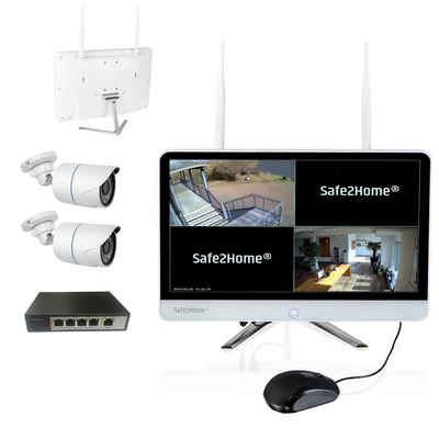 Safe2Home »Safe2Home® POE Funk Überwachungskamera Set Rekorder inkl. POE Switch 4 KANAL 2X Full HD POE Cam Nachtsicht - Monitor - Festplatte - Videoüberwachung - innen außen« Alarmanlage