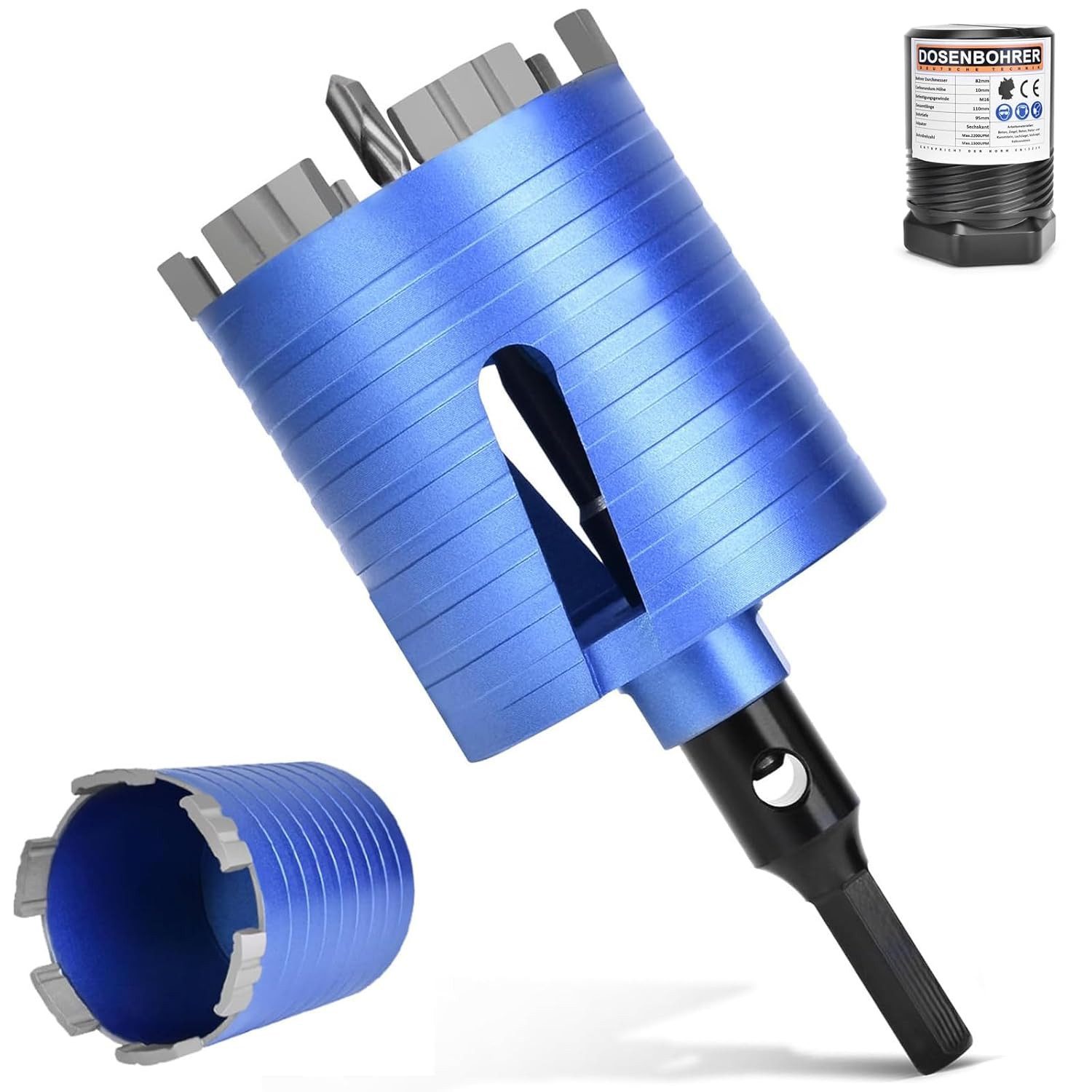 XERSEK Lochsäge M16 Diamant Dosensenker Turbo Dosenbohrer 82 mm mit 6-Kant Bohrkrone, Ø 82 mm, 6 Diamantsegmente, Nutzlänge 95mm Steckdosenbohrer, Kronenbohrer Lochbohrer Lochsäge für, Mauerwerk Kalksandstein Ziegel Putz etc