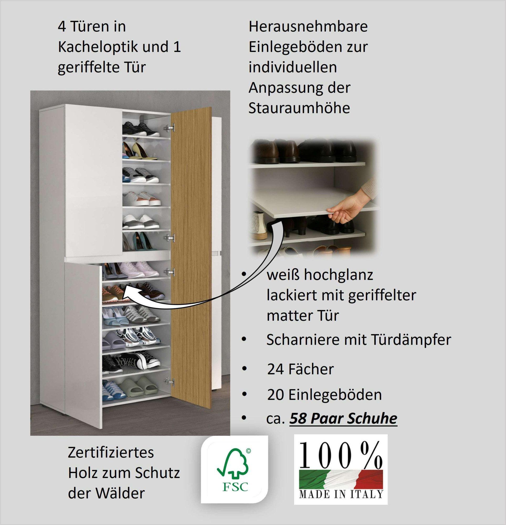 Home affaire Schuhschrank LADY, Schuhkommode,Schuhmöbel,Schuhablage,Schuhregal mit 20 Einlegeböden, 24 Fächer, Tür mit Rillenoptik, ca.58 paar Schuhe