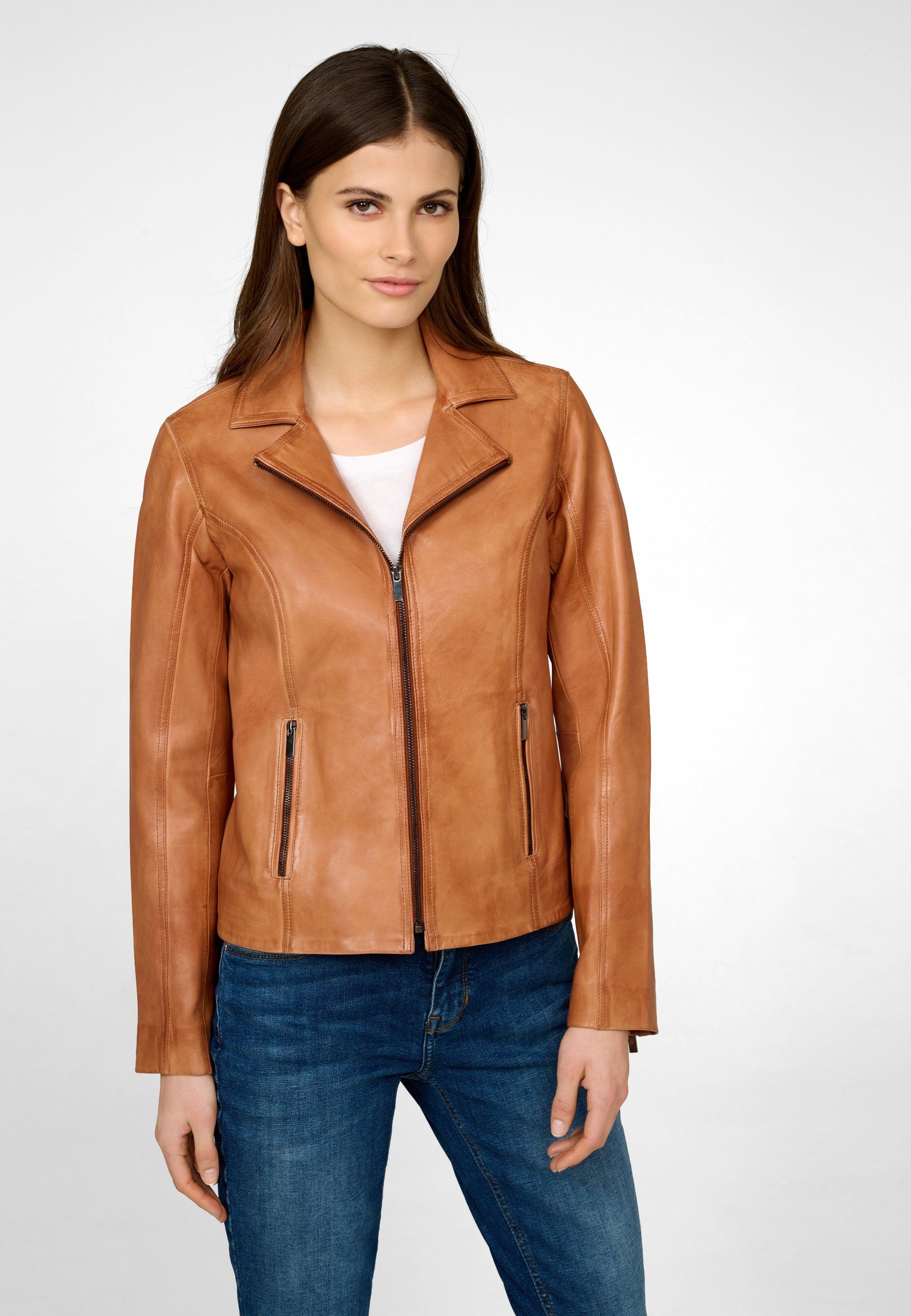 RICANO Lederjacke Amelie Hochwertiges Lamm-Nappa Leder Cognac