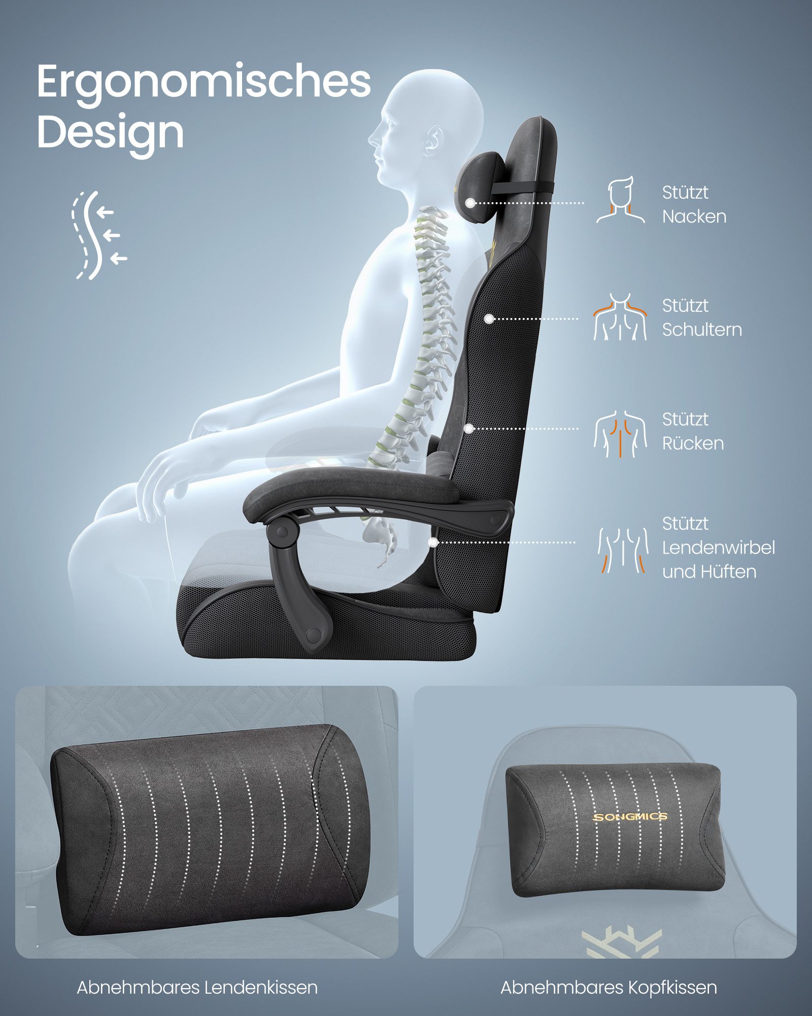 SONGMICS Bürostuhl Gaming-Stuhl, Schreibtischstuhl, ergonomischer Gaming-Sessel, Sitzkissen mit Federn, Fußstütze, Armlehnen mit Synchronmechanik – Bild 5 von 5