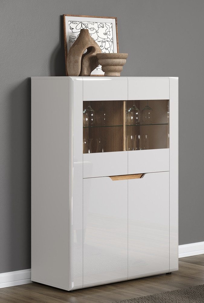 MCA furniture Vitrine Highboard Marlon, weiß Hochglanz / Evoke Eiche ohne Beleuchtung