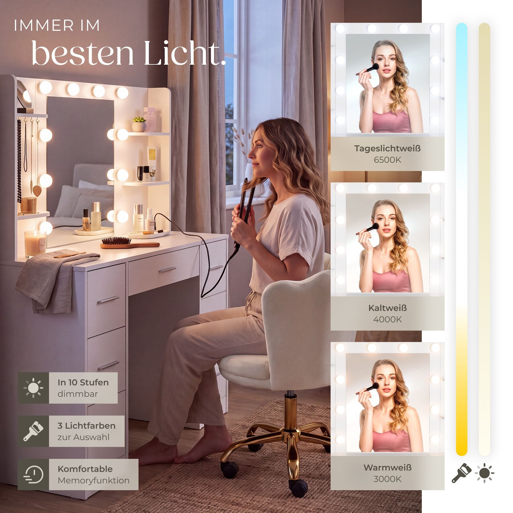 tectake Schminktisch Schminkkommode (Frisiertisch Charlotte, 1-St., in Weiß), 7 Schubladen, 4 Ablagen, 5 Haken, dimmbar, 3 Lichtfarben – Bild 4 von 5