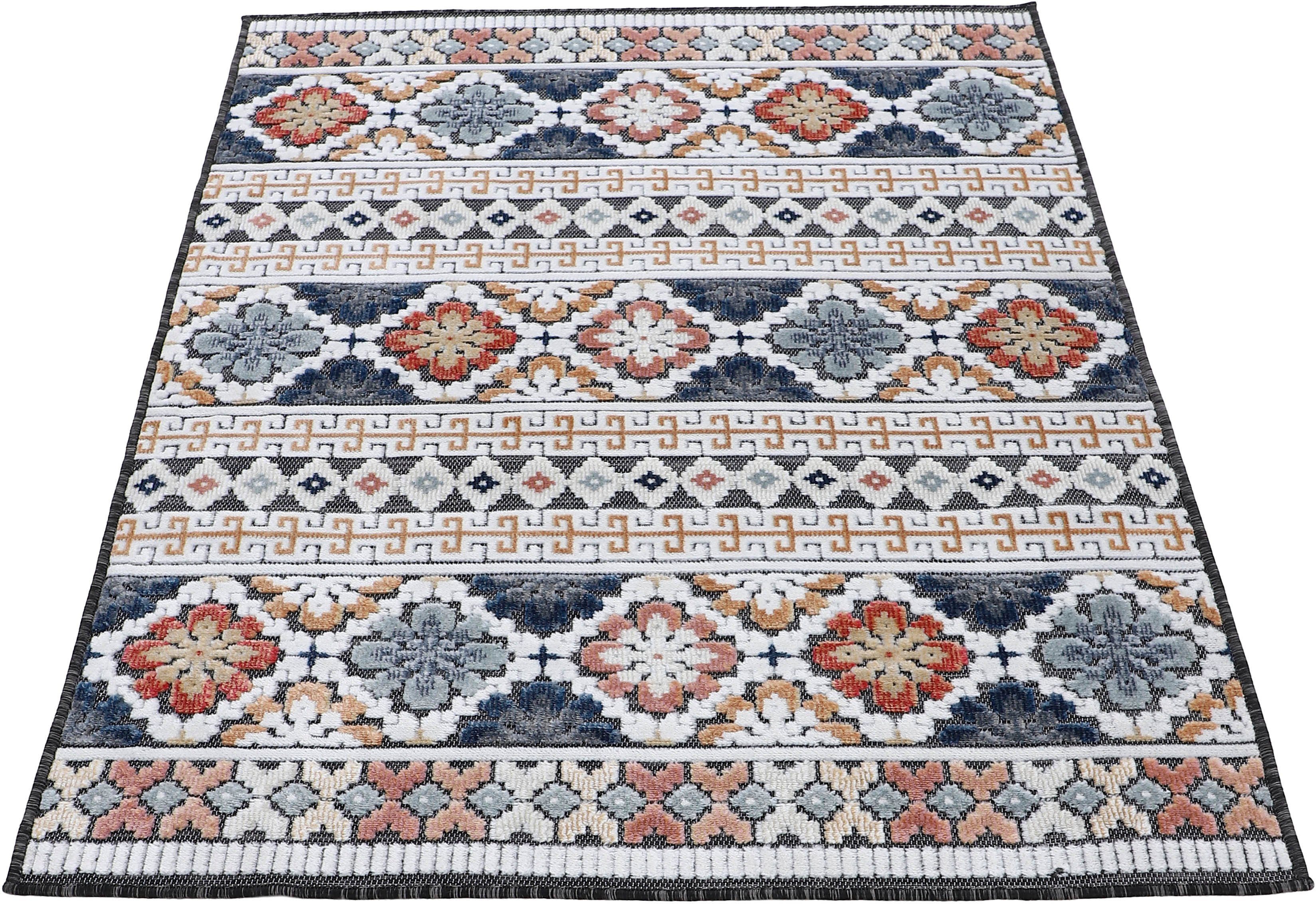 Teppich Deja Flachgewebe, Palmenblätter, Floral rechteckig, carpetfine, 103, Motiv- robustes blau Hoch-Tief Effekt 4 mm, Höhe