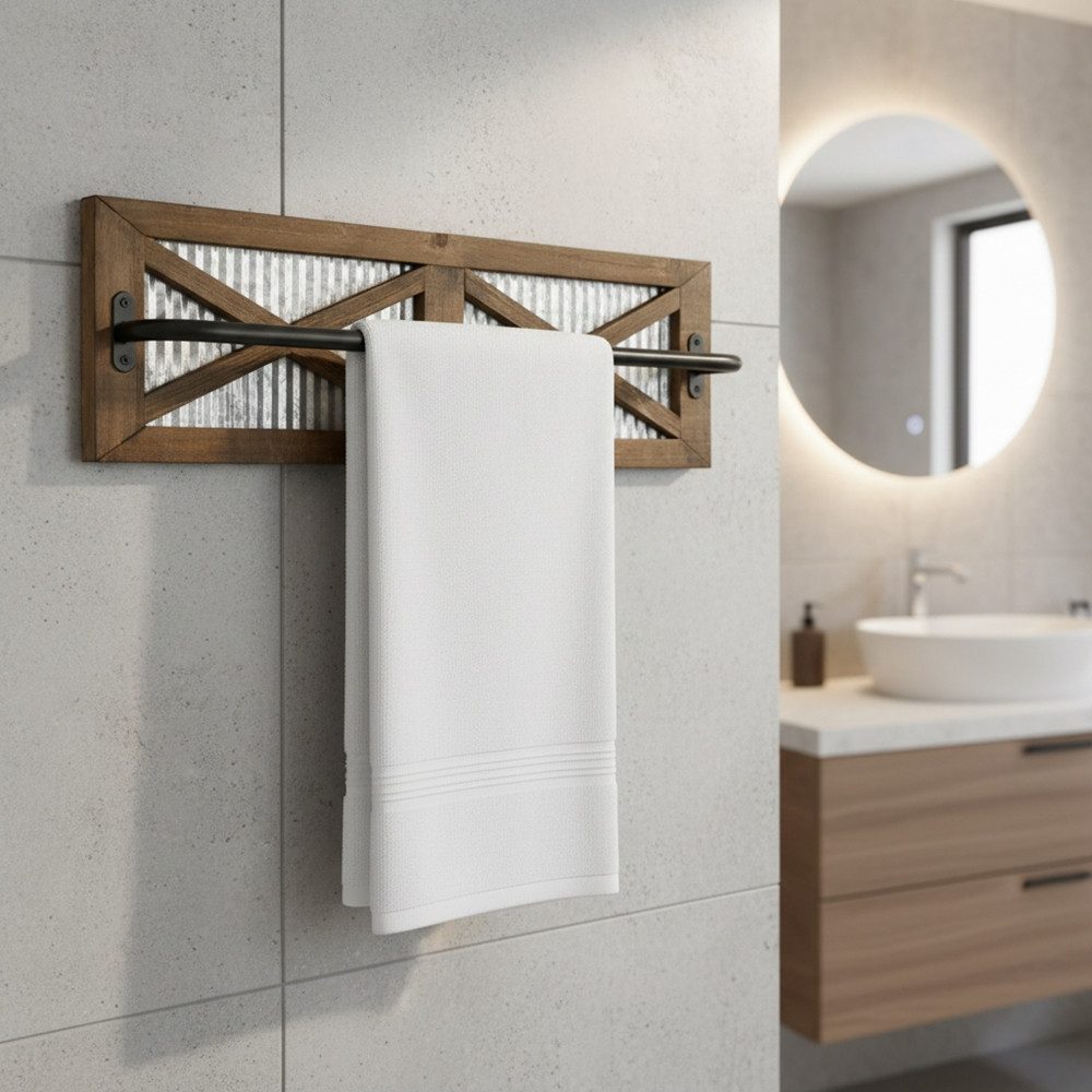 Mucola Handtuchhalter Handtuchhalter 60 x 15 cm Handtuchstange Holz Handtuchreling, Materialkombination aus Holz und Metall