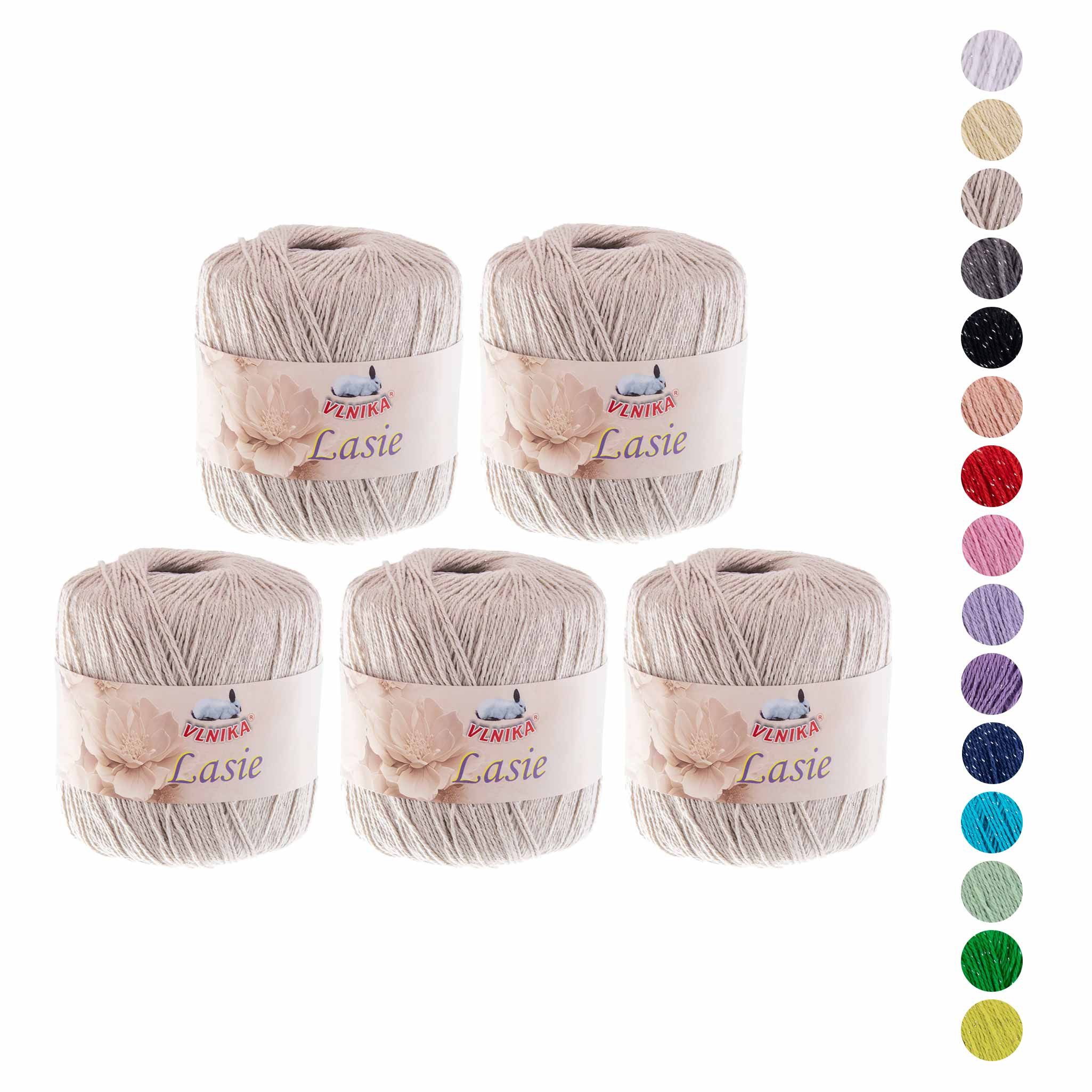 VLNIKA 5 x 50g Strickgarn Lasie Glitzereffekt Häkelgarn Sommergarn Häkelwolle, 750 m (Sparpaket (5 Knäuel je 50g), naturweiß
