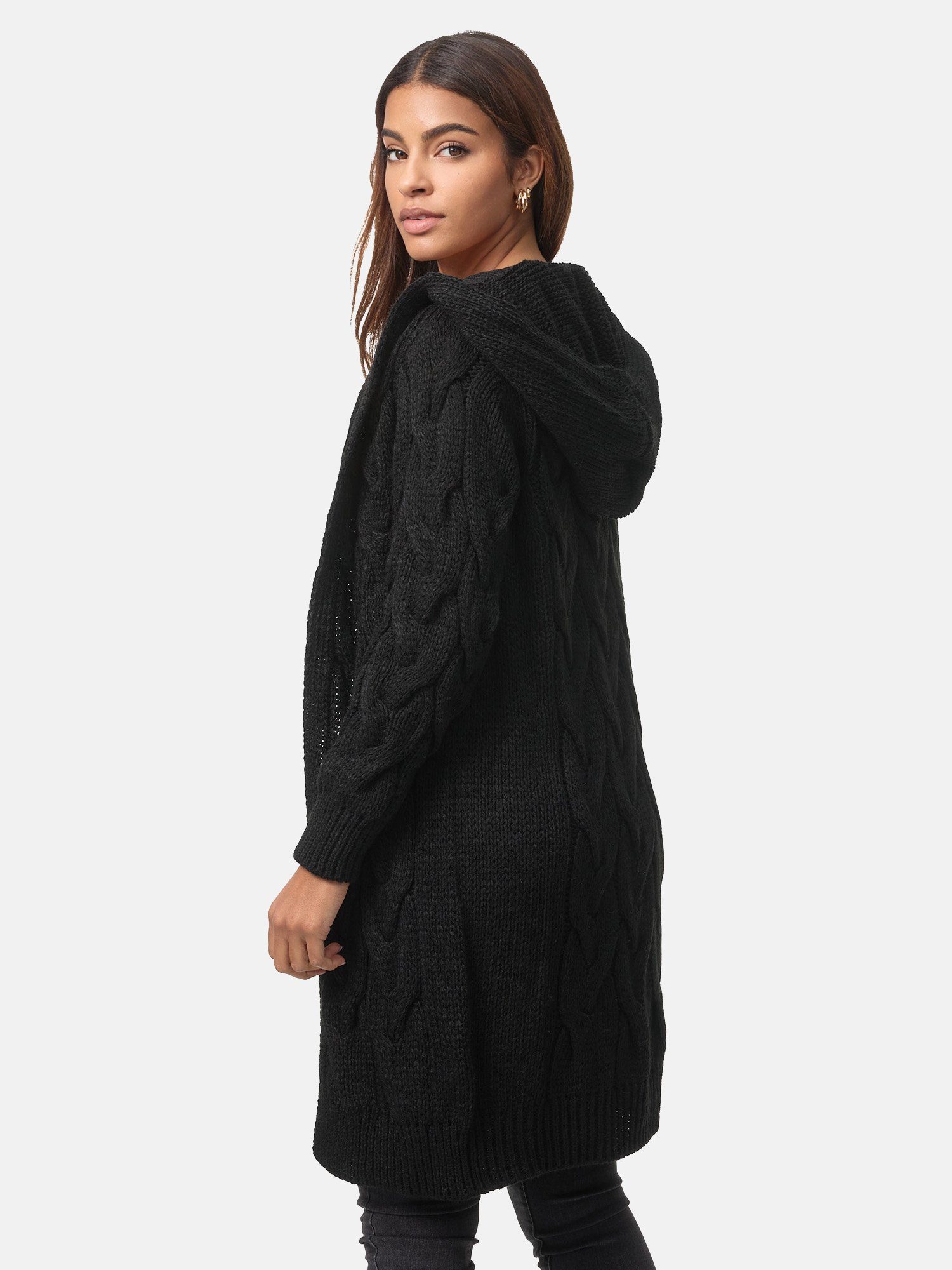 Damen mit (1-tlg) Elara Schwarz Kapuze Cardigan Maxikleid Elara