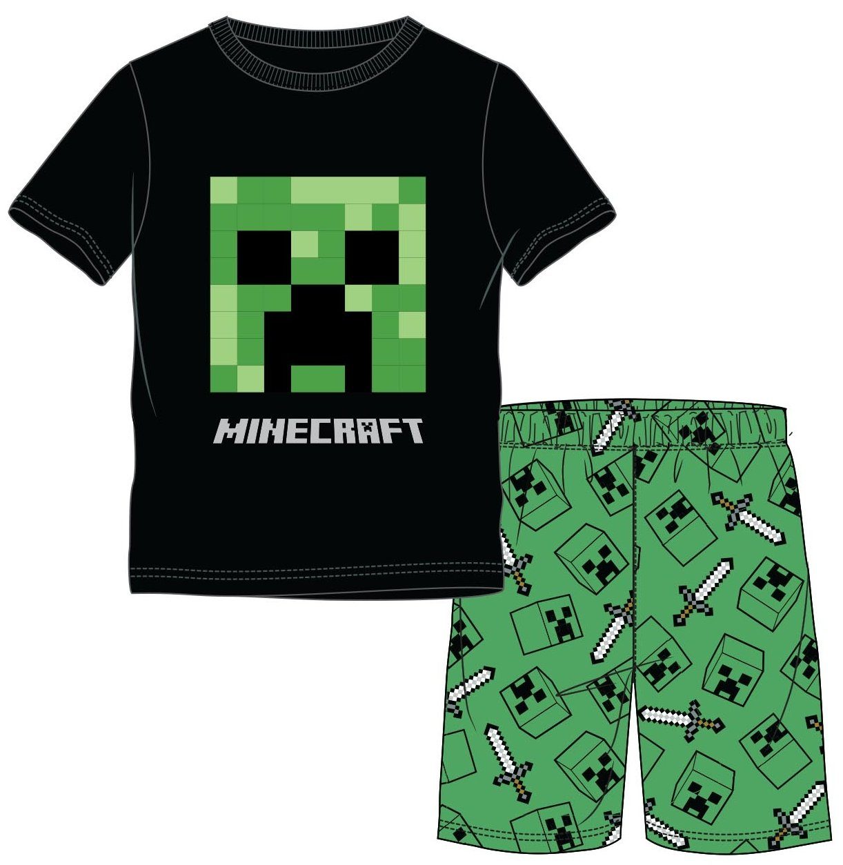 Minecraft Pyjama MINECRAFT Pyjama Shorts Schlafanzug Jungen und Mädchen  schwarz - grün Gr. 116 128 140 152