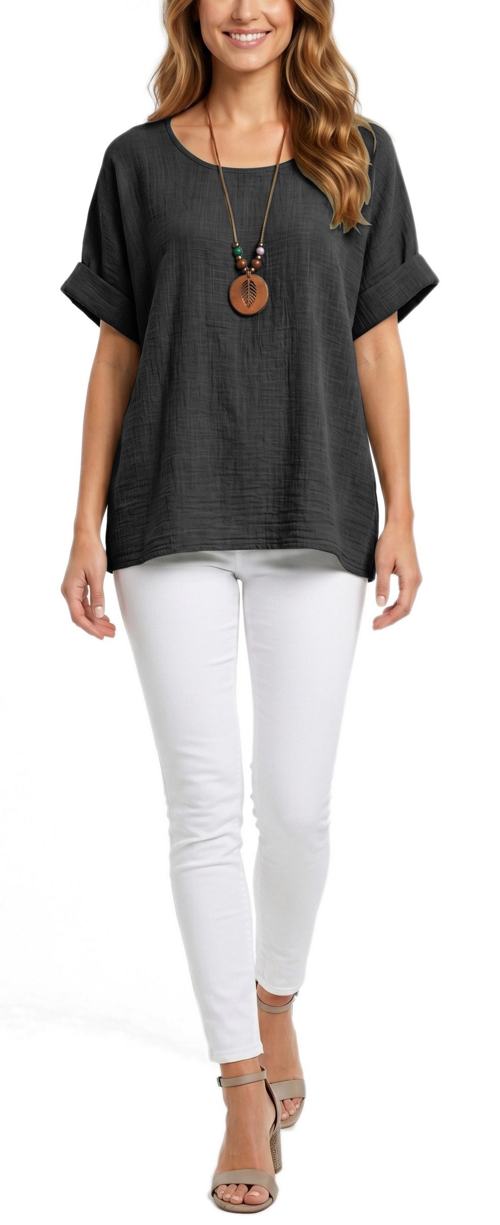 dy_mode Kurzarmbluse Damen Kurzarm Bluse Leichte Sommer Tunika Baumwollbluse Oberteil in Unifarbe, mit passende Kette
