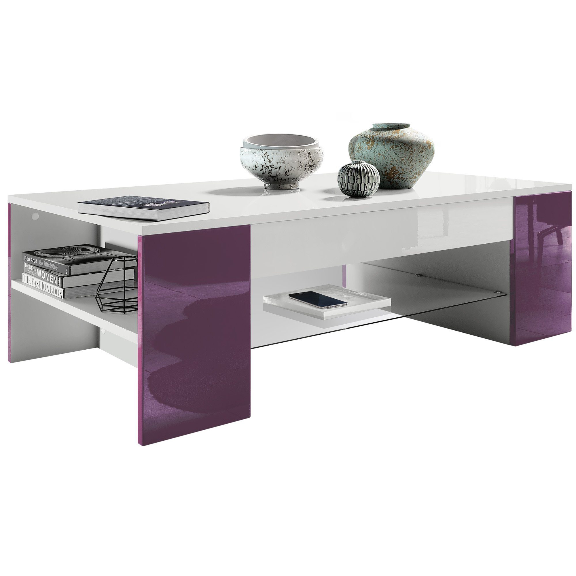 Vladon Couchtisch Clip (Wohnzimmertisch, mit 2 Seitenfächern und 1 Glasplat günstig online kaufen