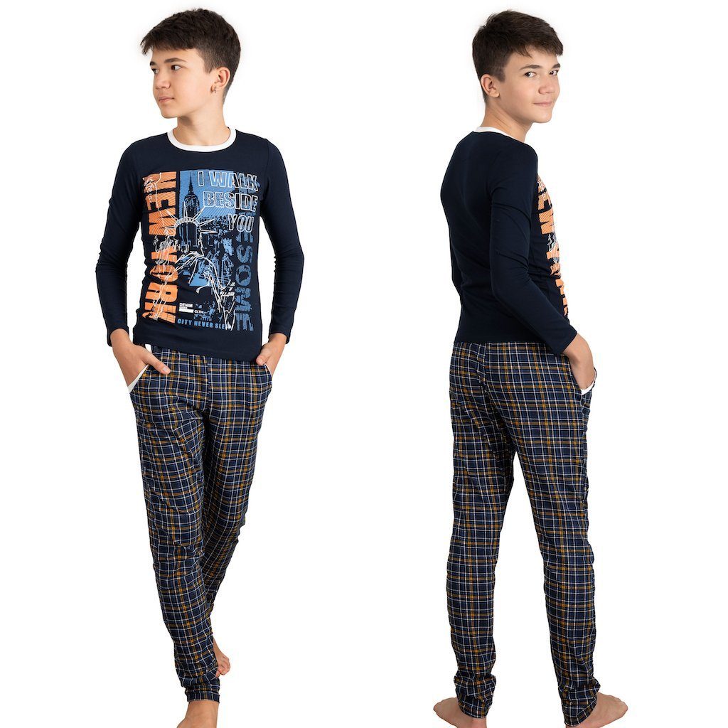 LOREZA Pyjama Jungen Schlafanzug zweiteilig Langarm - New York - Mehrfarbig (Set, 2 tlg)