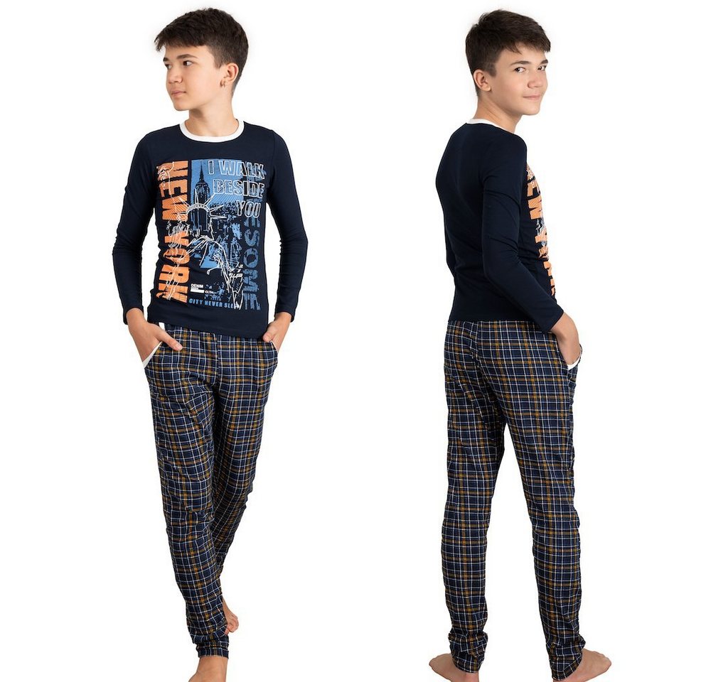 LOREZA Pyjama Jungen Schlafanzug zweiteilig Langarm - New York - Mehrfarbig (Set, 2 tlg)